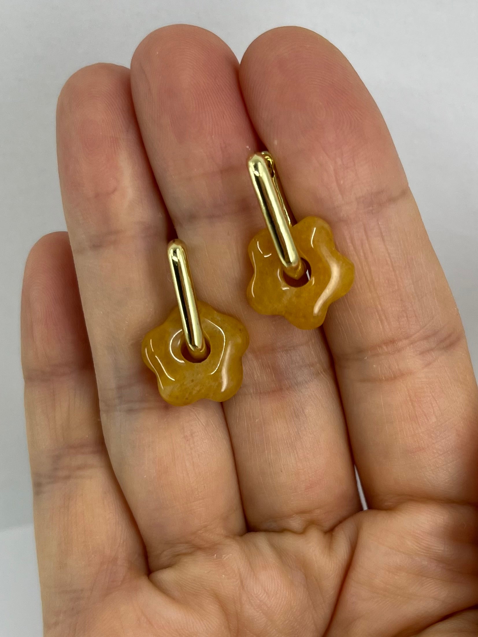 Yellow Jade flower Earrings, 18K Gold Plated