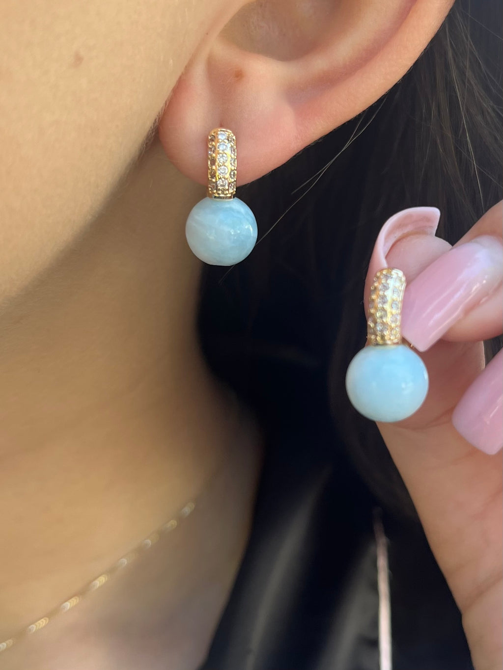 Natural light blue Jade Gold Zirconia Earrings