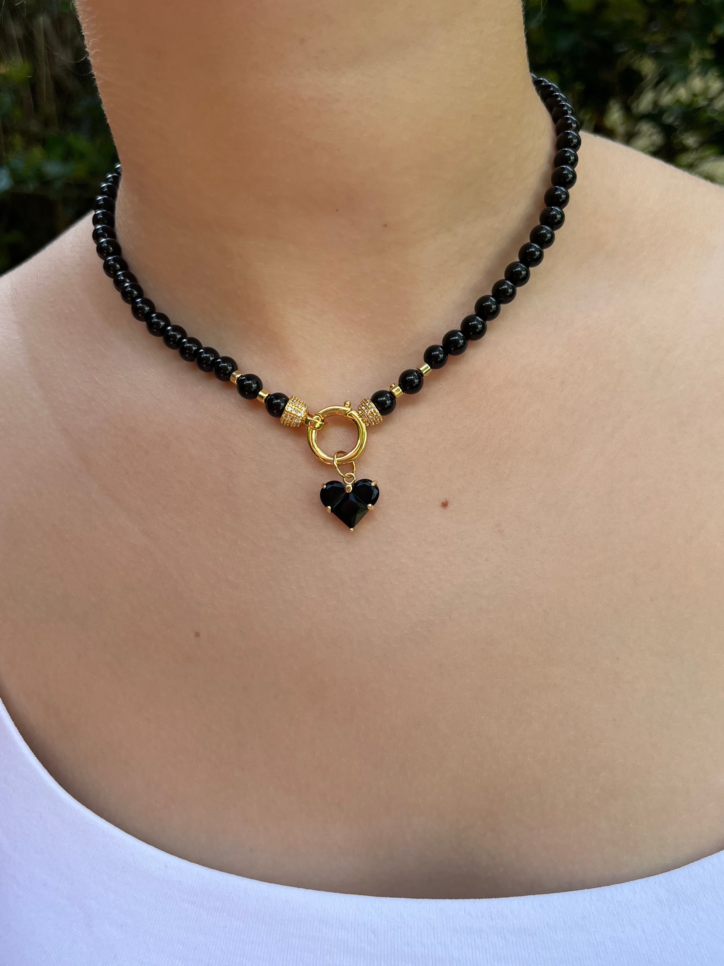 Black Onyx Necklace and Earrings Set – 18K Gold Plated Heart Charm