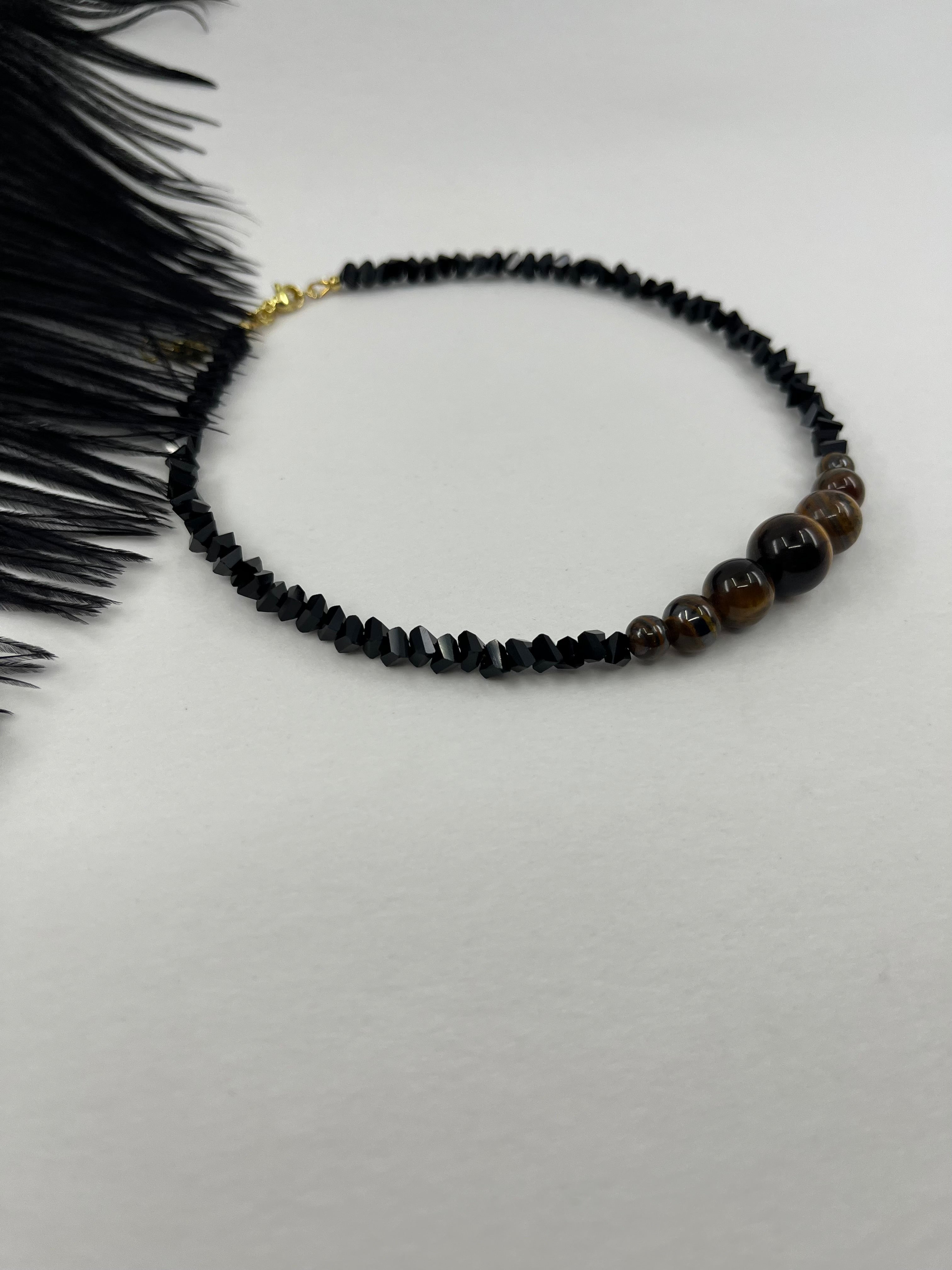 Set: Black Crystal Choker Necklace with Tiger Eye and earrings