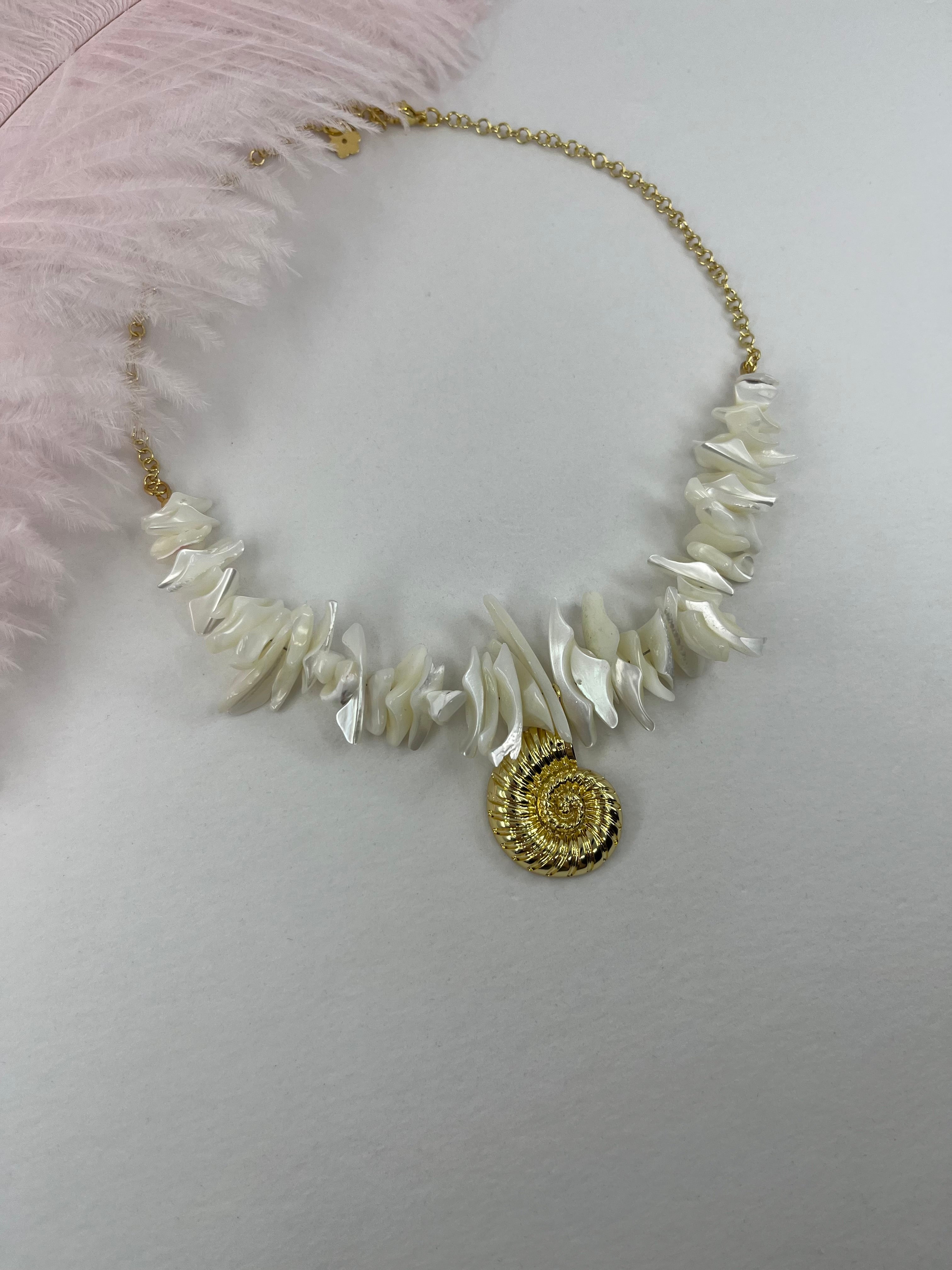 Natural Trochid Shell Necklace with Conch Charm, 18K Gold Plated