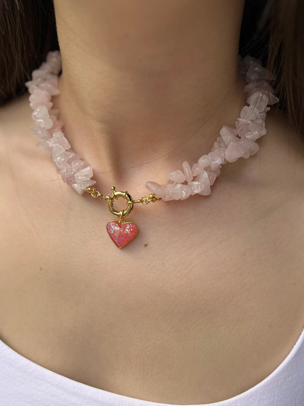 Natural Quartz Necklace with 18k gold Heart pendant