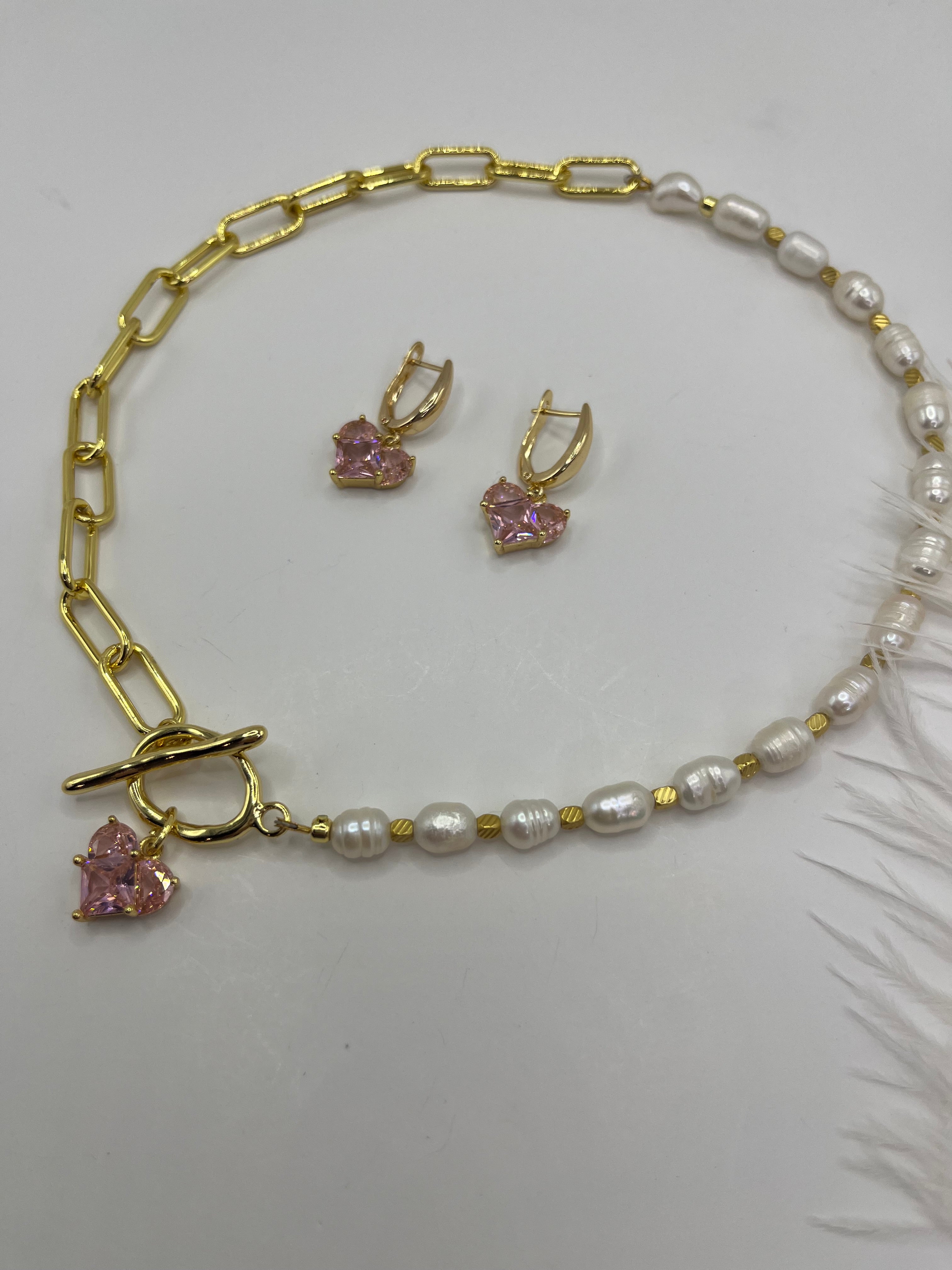 Asymmetrical Pearl Choker Necklace with earrings : 18K Gold Plated