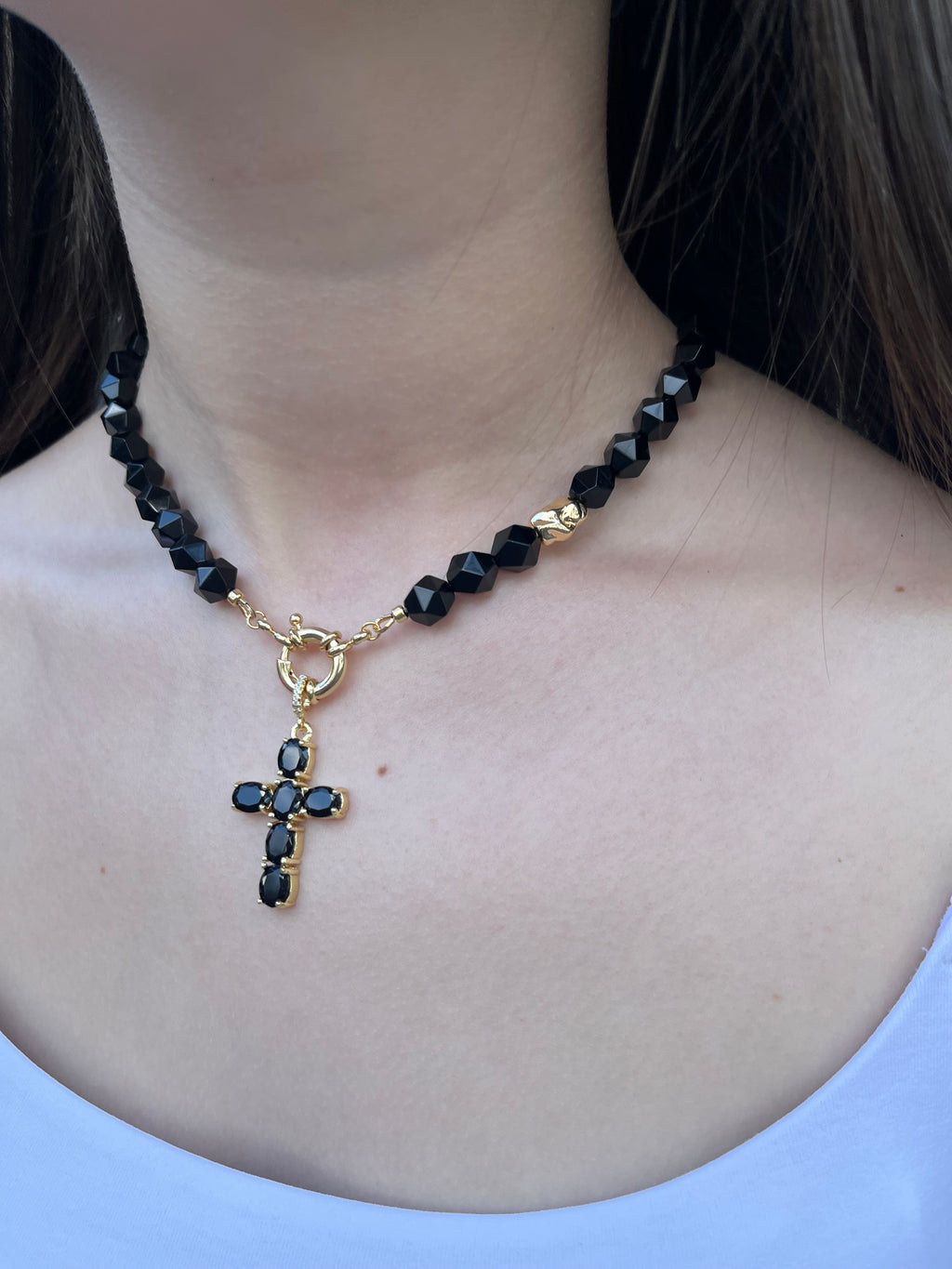 Natural Black Onyx Necklace with Gold Zirconia Cross