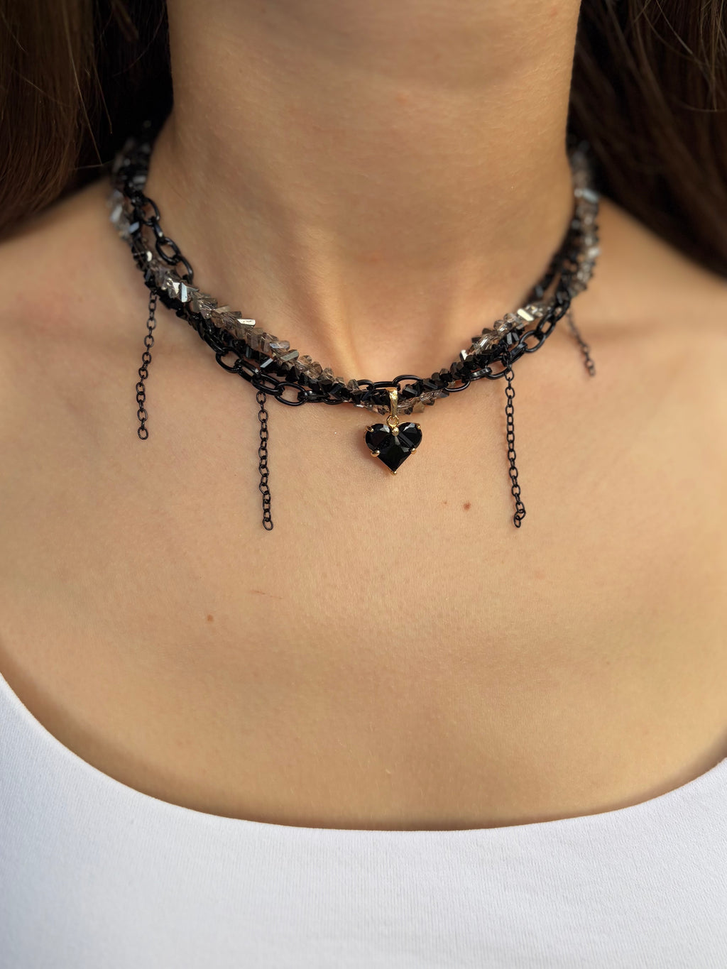 Layered Heart Black Crystal Necklace – 18K Gold Plated