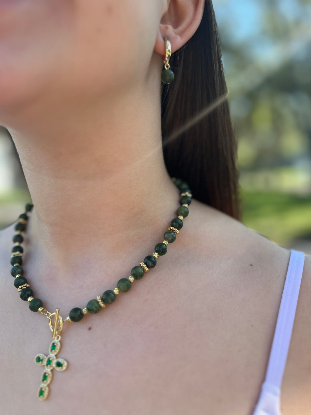 Set: Natural Taiwan Jade Necklace with Zirconia Cross 18K Gold plated