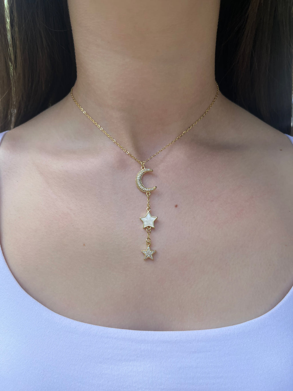 Zirconia Star and Moon Choker Necklace, Real 18K Gold Plated