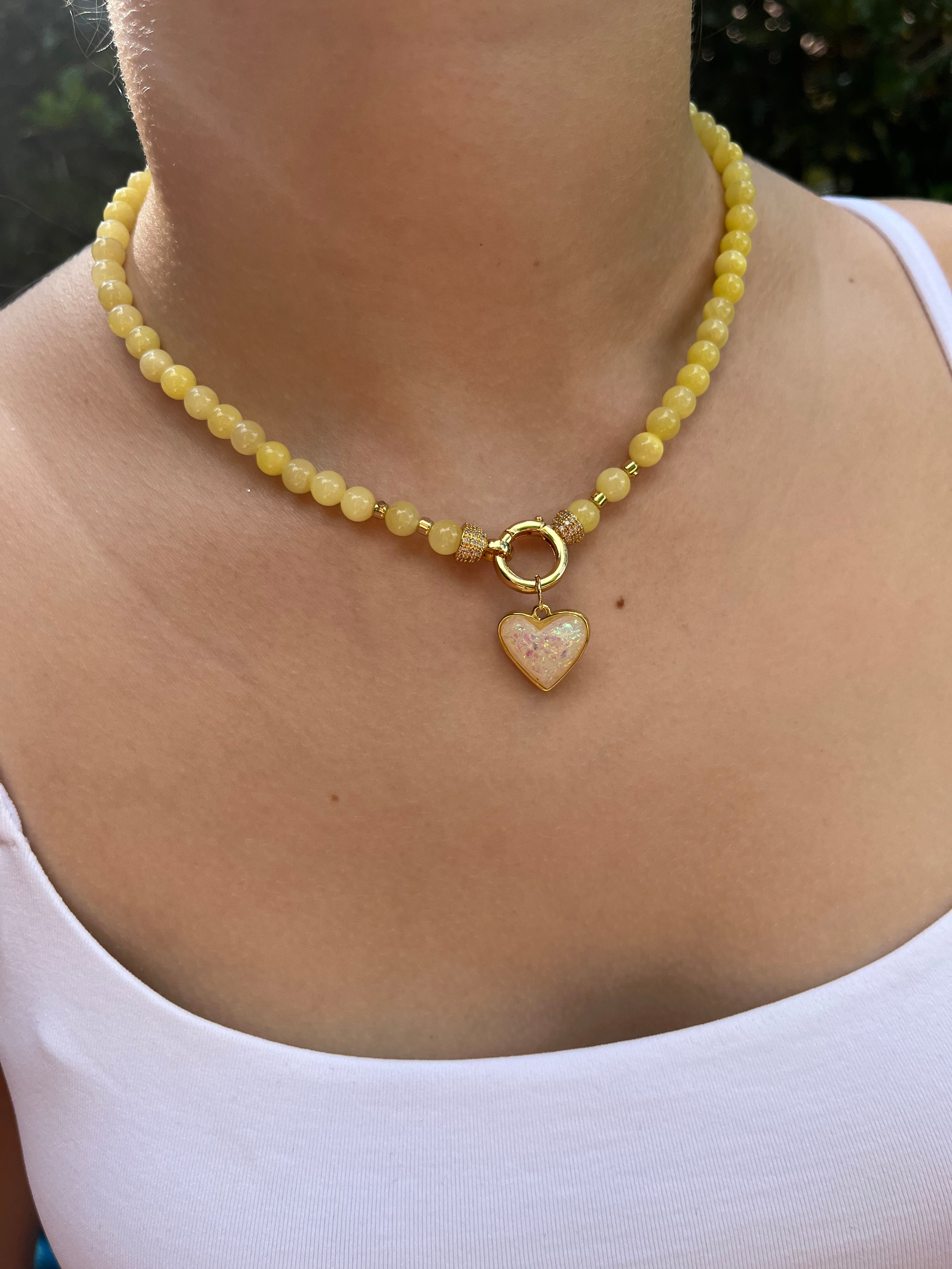 Natural Yellow Jade Necklace with Heart Pendant