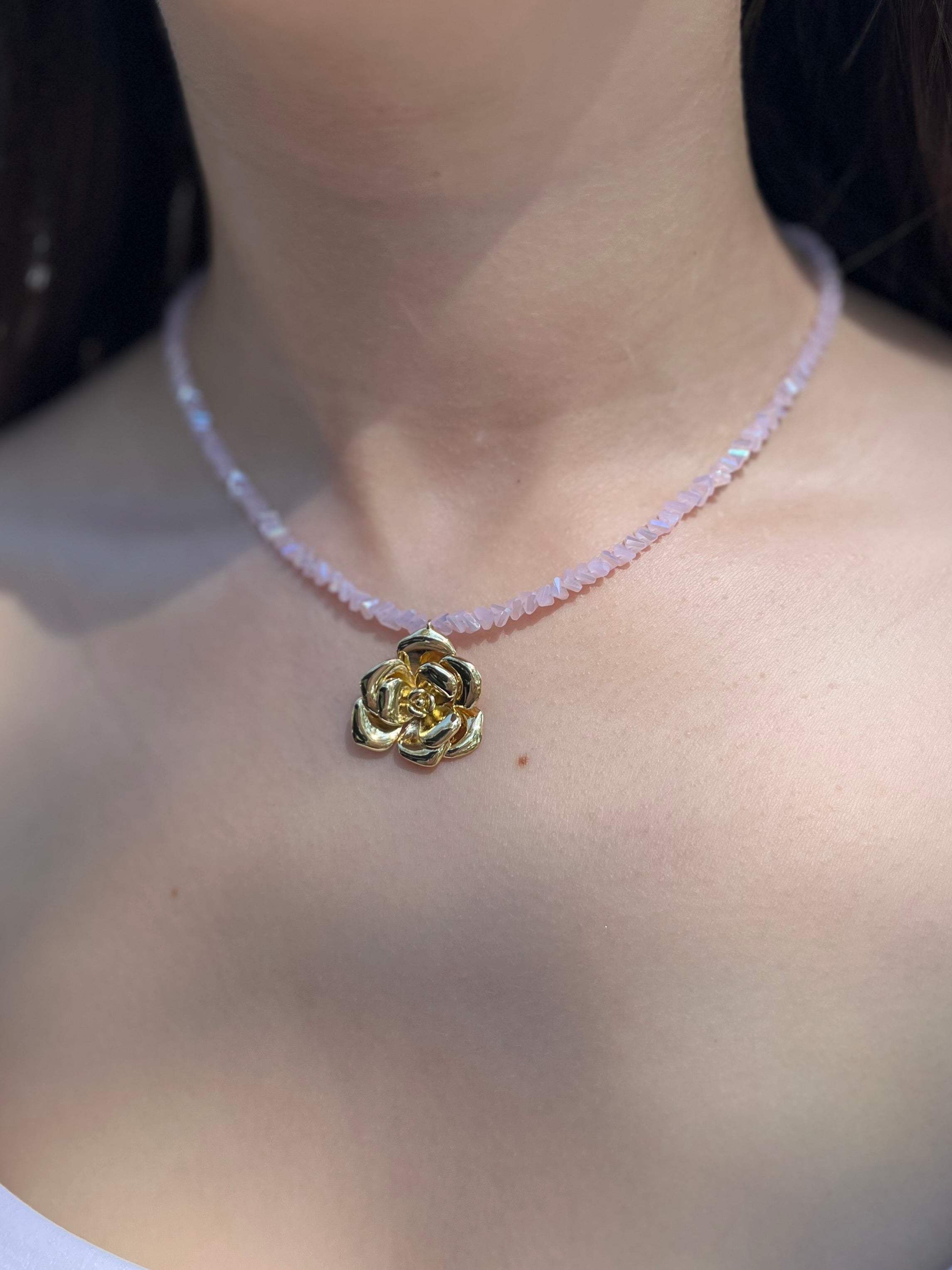 Crystal Pink Glass Bead Choker: 18K Gold Rose Pendant