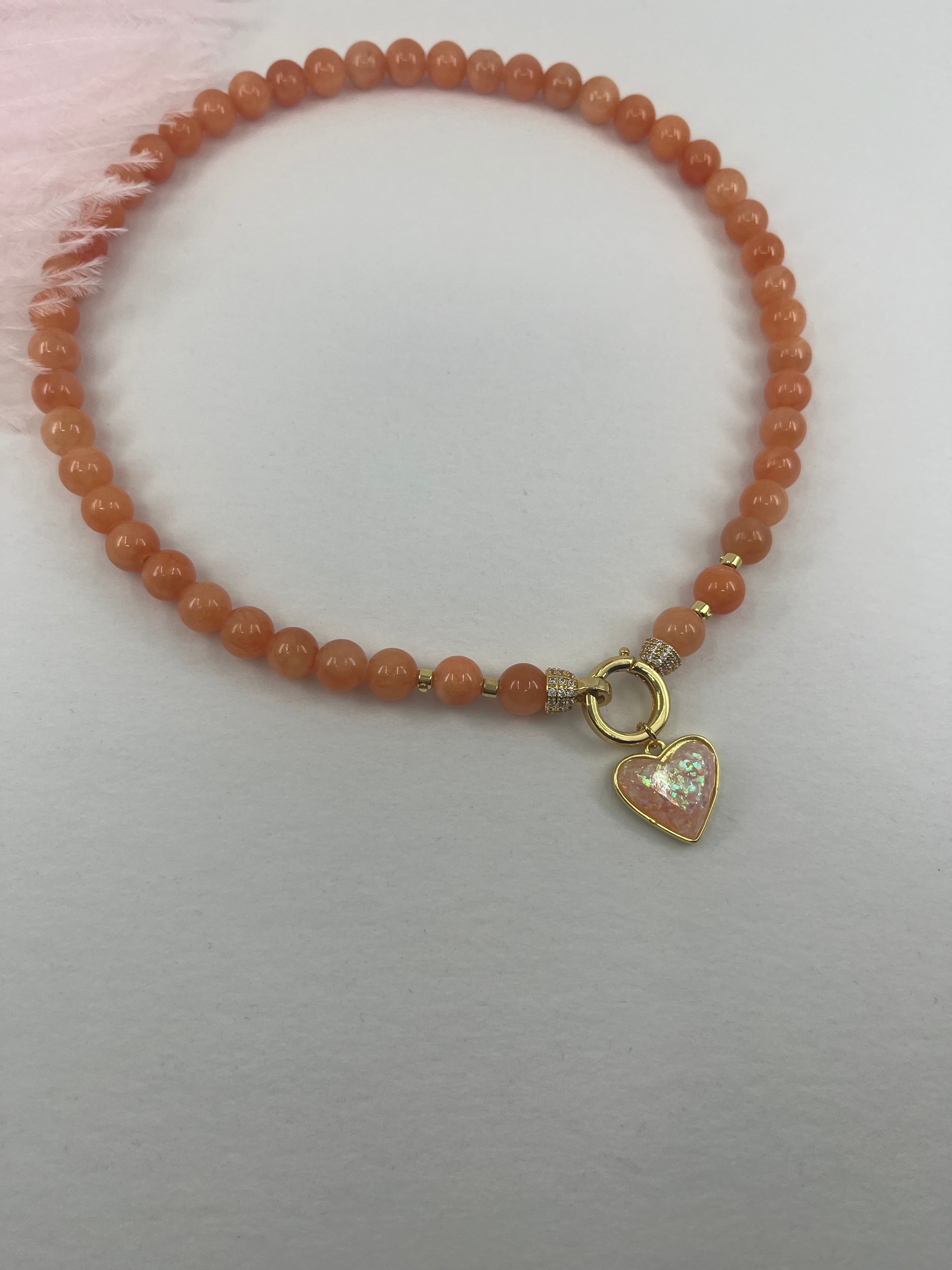 Natural Coral Jade Necklace with Heart Pendant