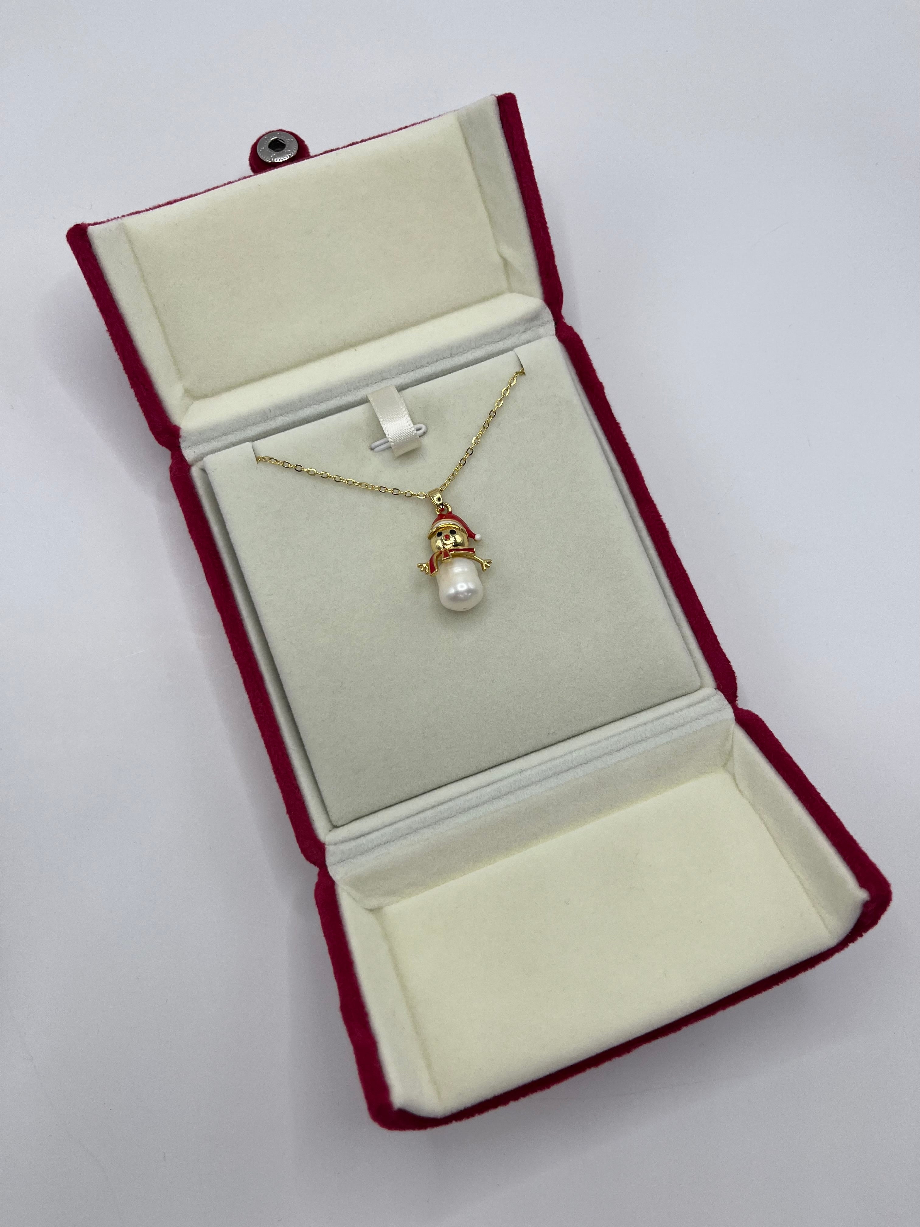 Natural freshwater Pearl Snowman Necklace: 18K Gold Plated Christmas Pendant
, including velvet box