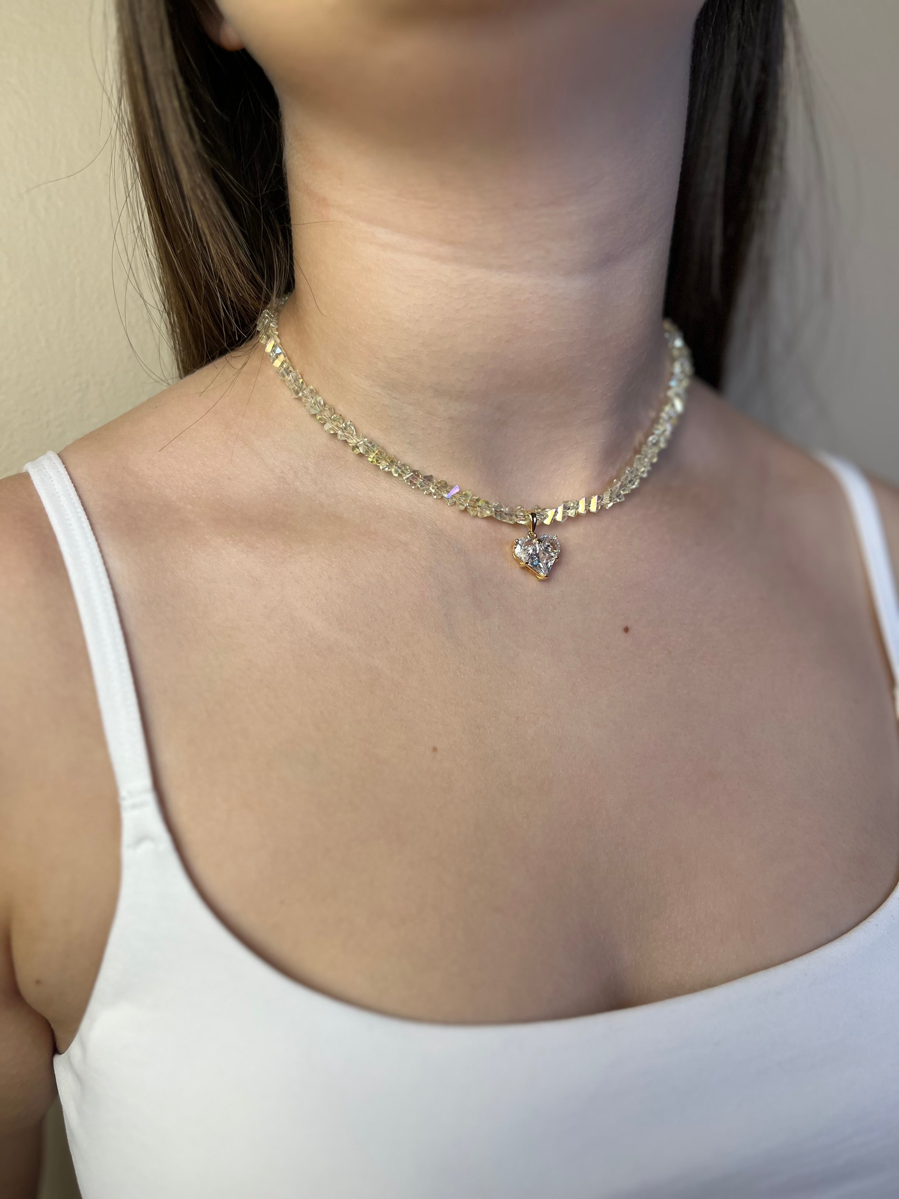 Crystal Glass Bead Choker: 18K Gold Heart Pendant