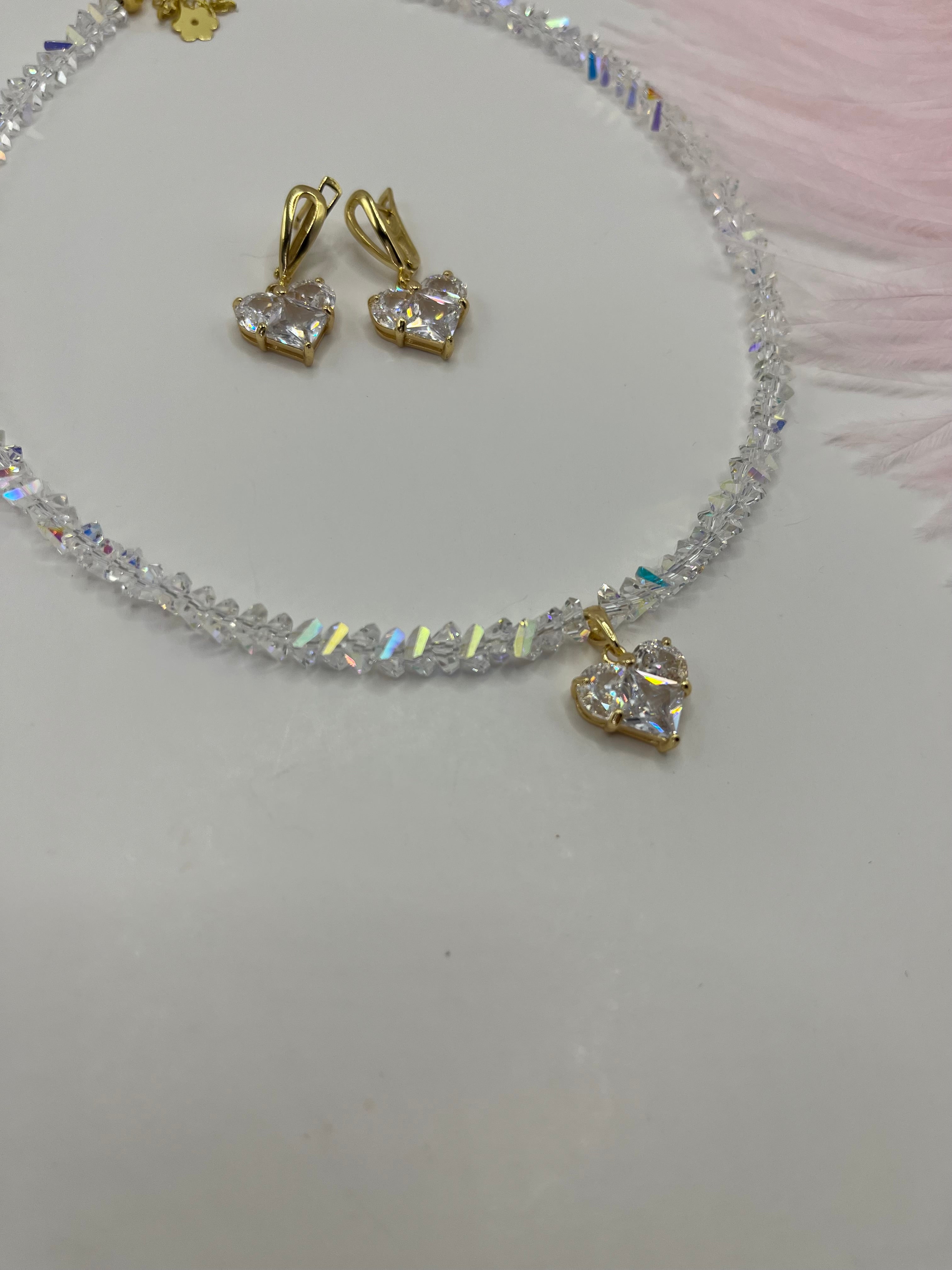 Set: Heart Crystal Choker Necklace and Earrings – 18K Gold Plated, Cubic Zirconia, Nickel Free