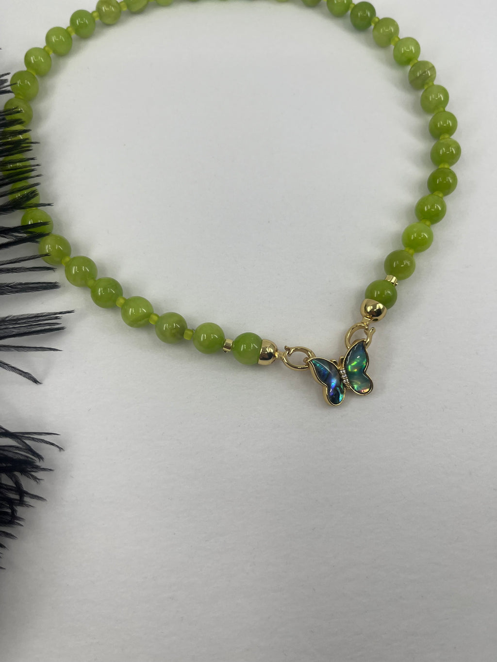 Natural Light Green Jade Necklace with 18K Gold Butterfly Clasp