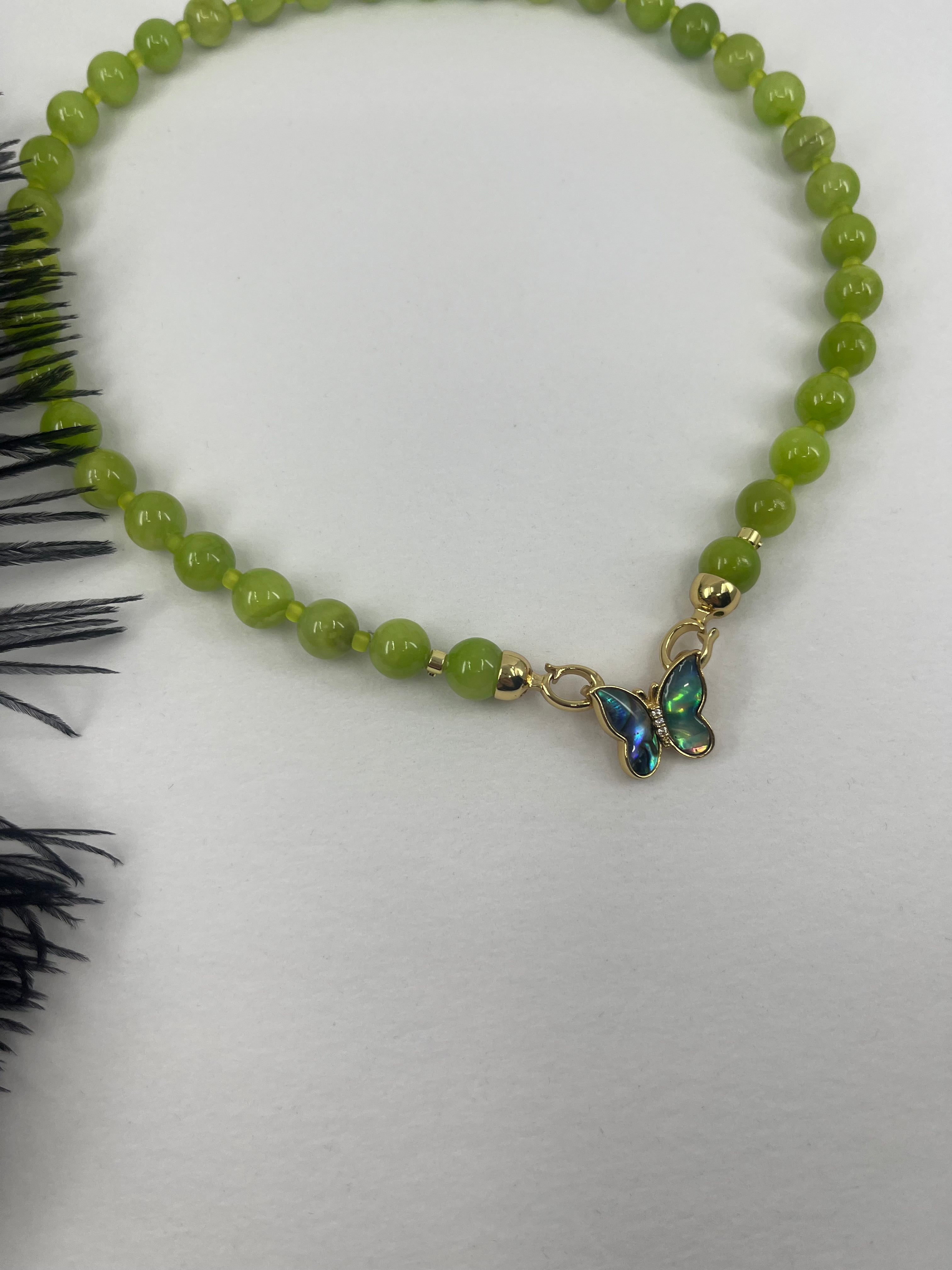 Natural Light Green Jade Necklace with 18K Gold Butterfly Clasp