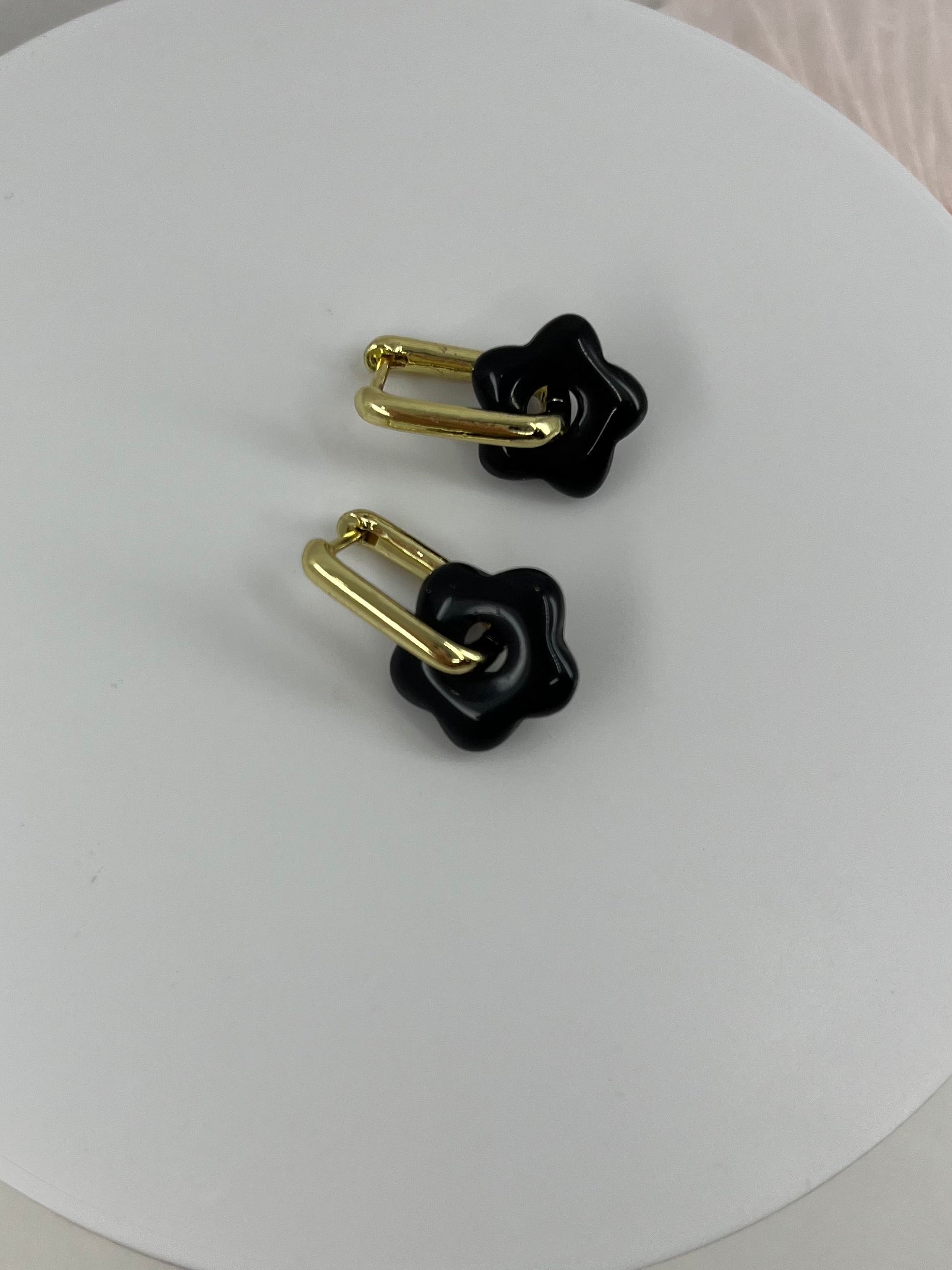 Obsidian flower Earrings, 18K Gold Plated