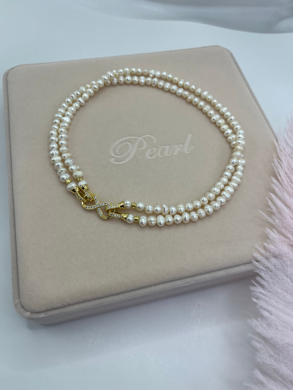 Pearl Choker Necklace : 18K Gold Plated Zirconia Clasp