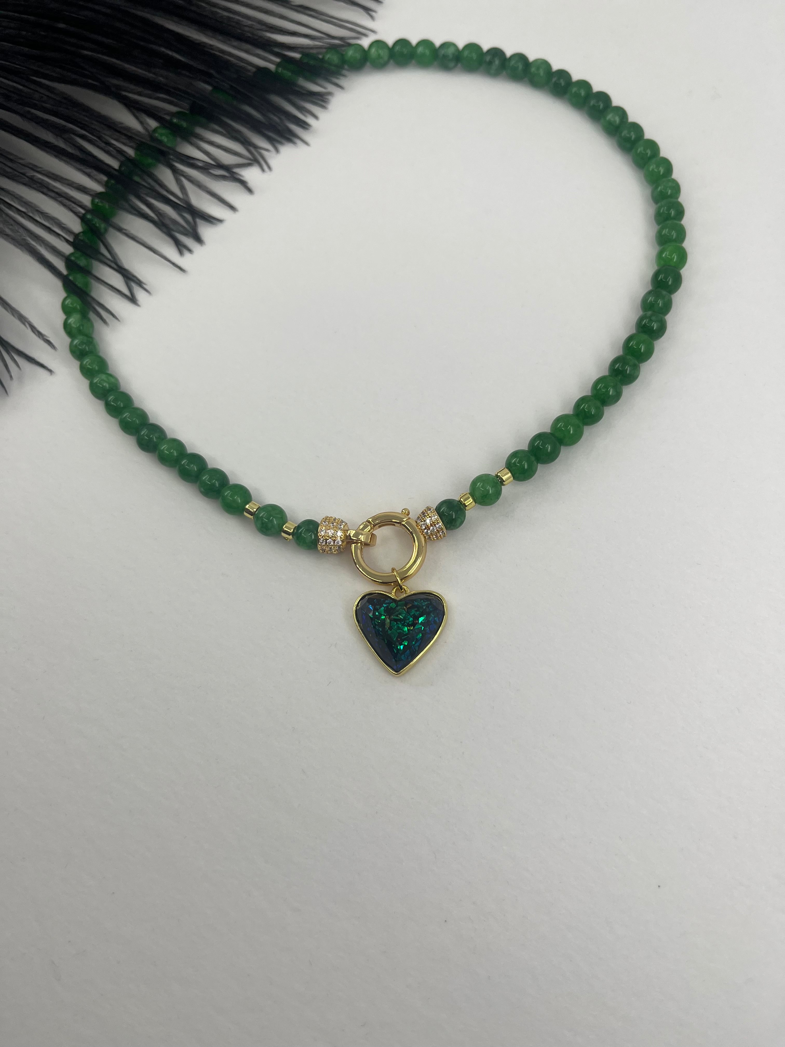Natural Green Jade Necklace with Heart Pendant