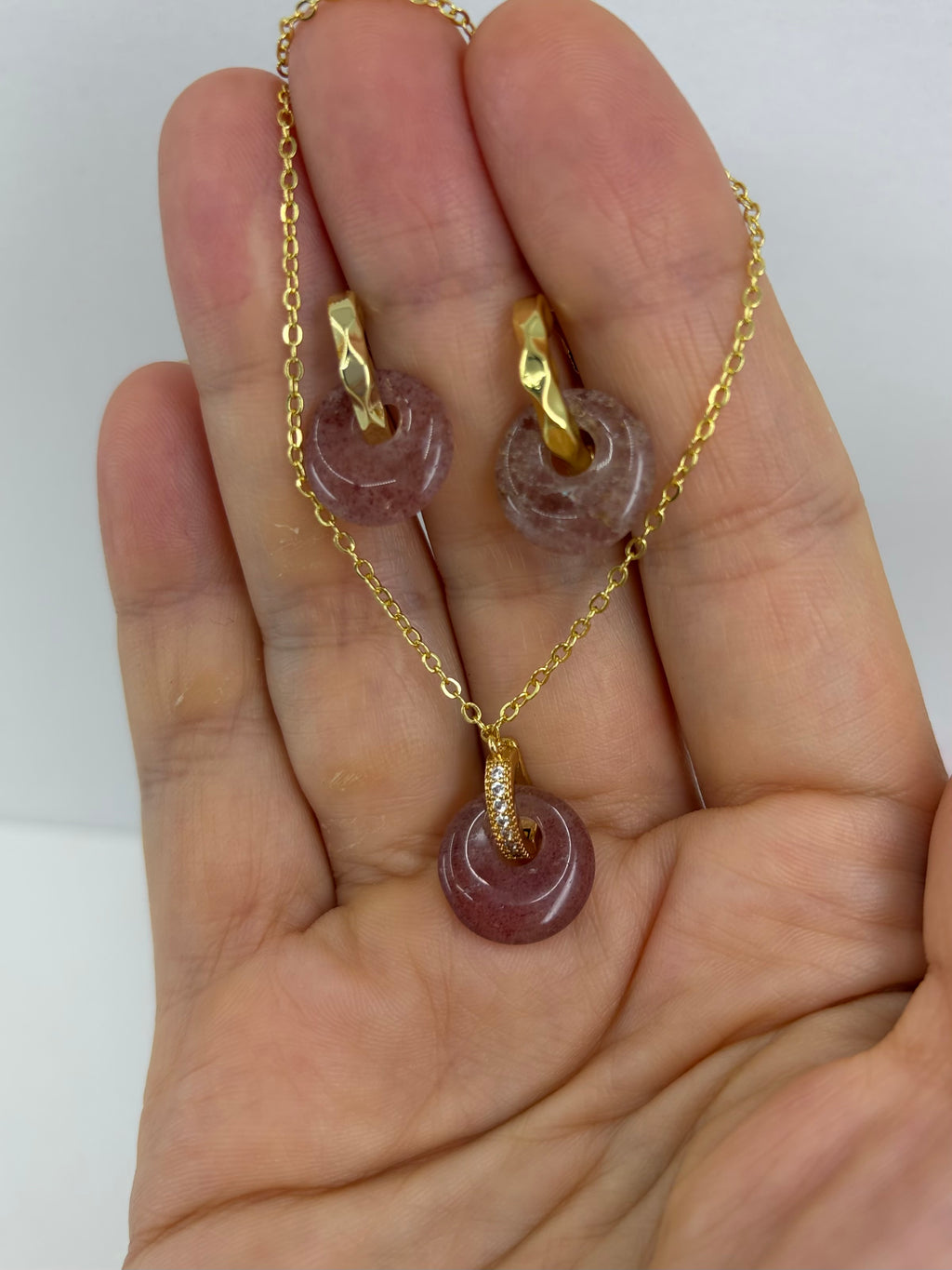 Strawberry Quartz Donut Earrings and Necklace