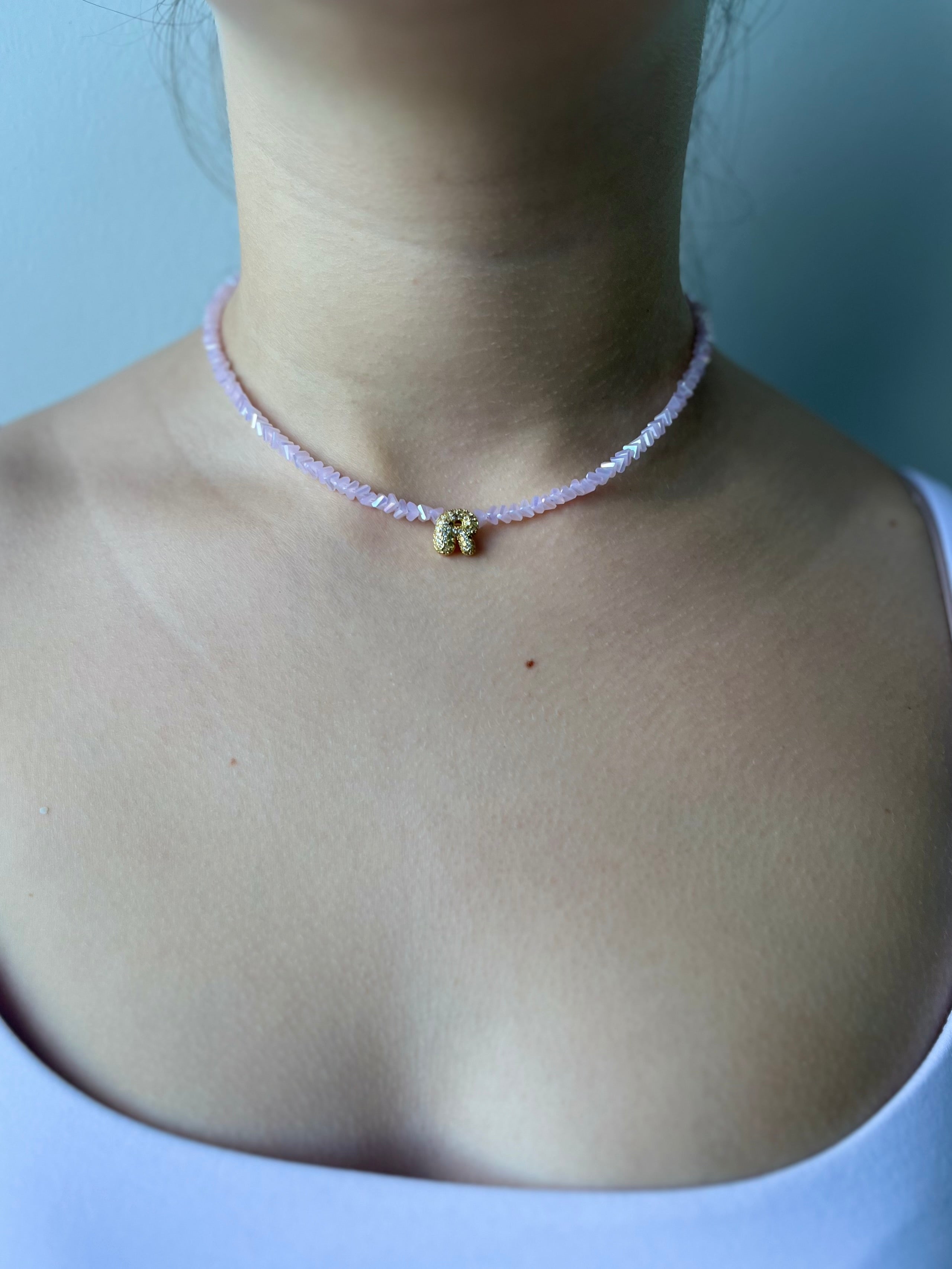 Initial Charm Pink Crystal Necklace – 18K Gold Plated, Cubic Zirconia