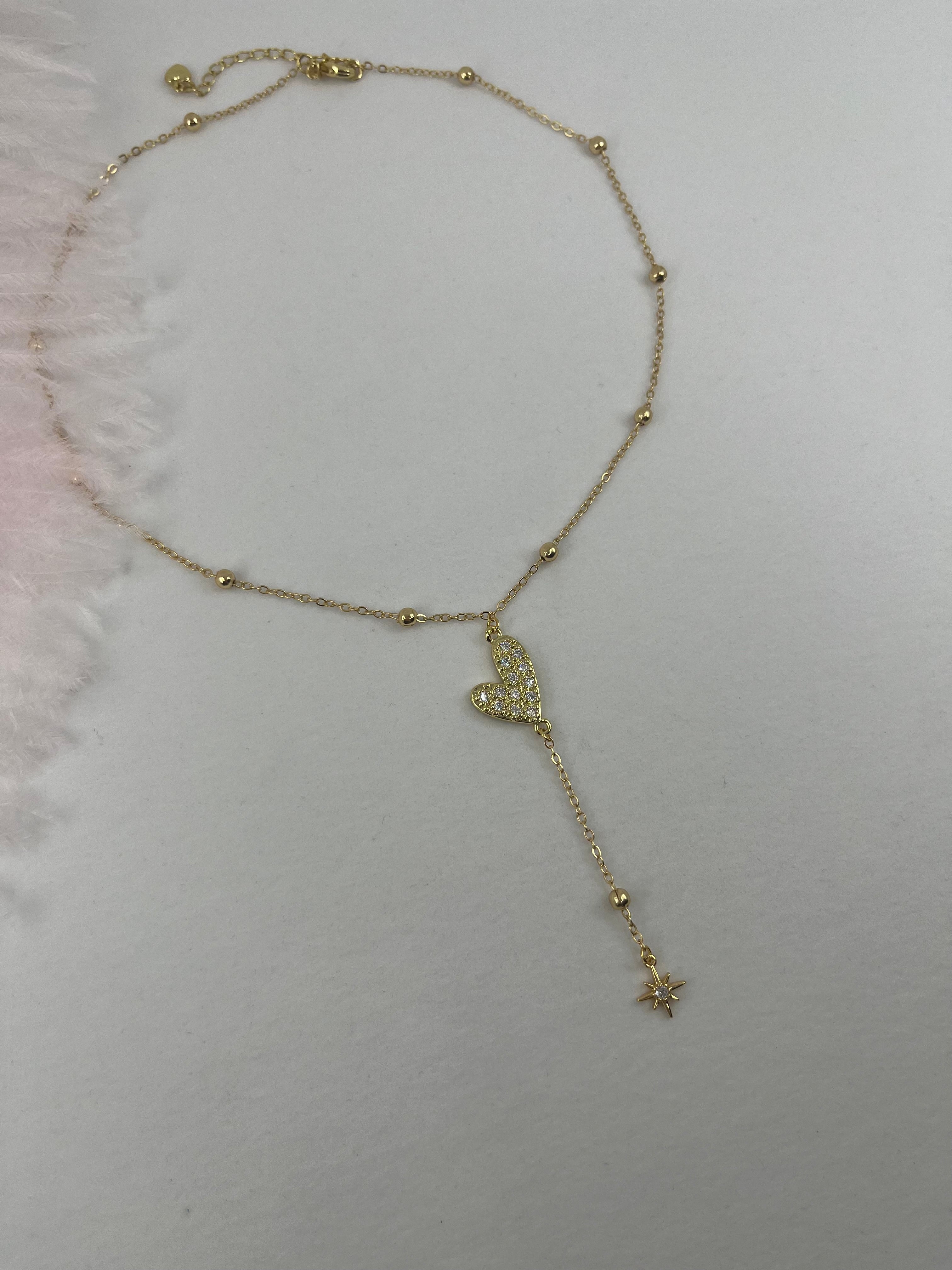 Lariat Y-Necklace, zirconia heart pendant 18k gold plated