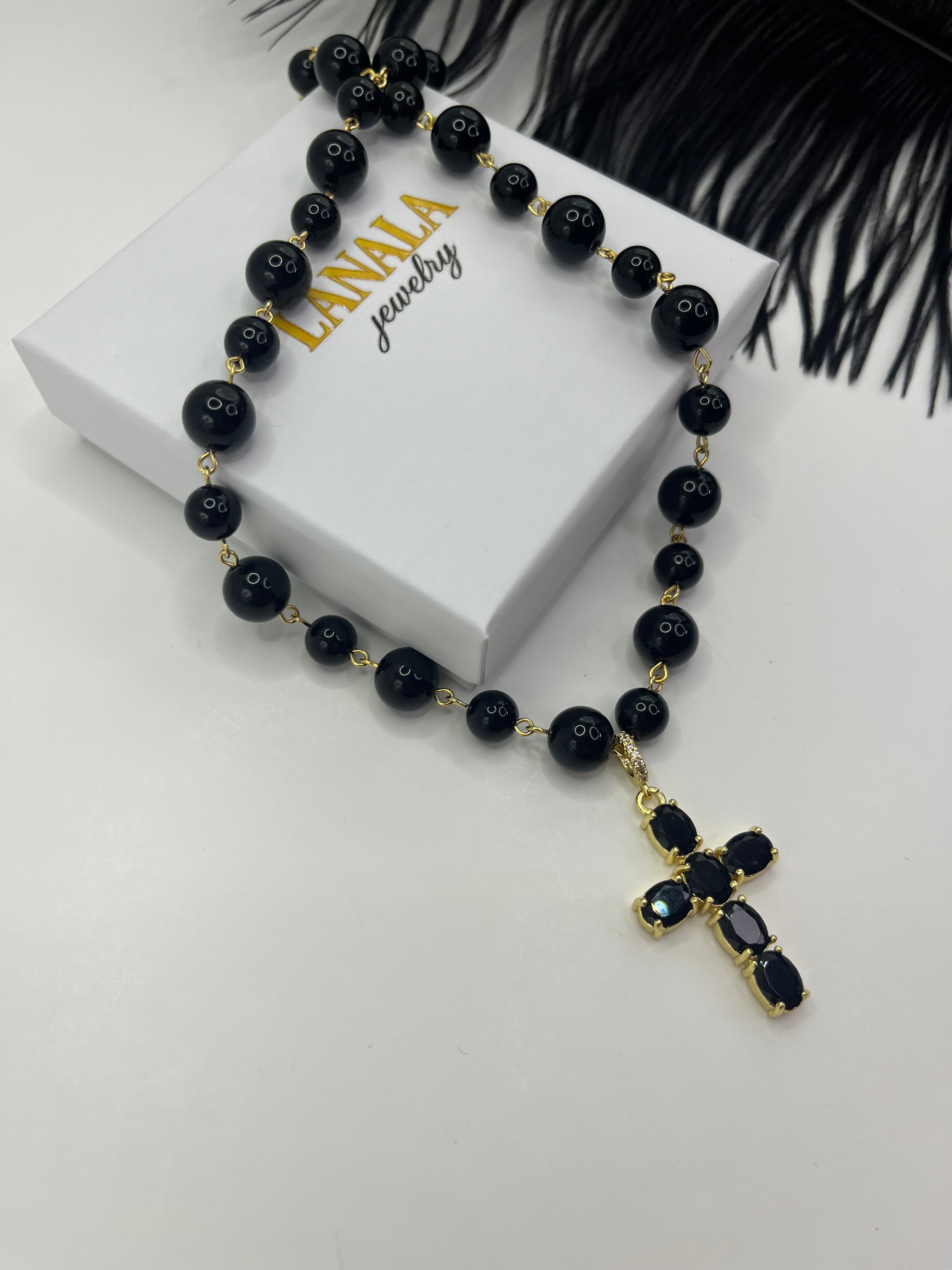 Black Onyx Necklace– 18K Gold Plated Zirconia Cross