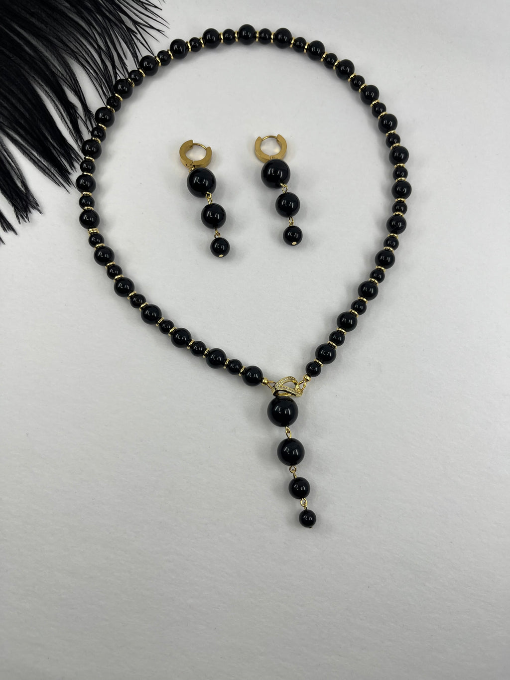 Set: Black Onyx Necklace and Earrings:18K Gold Plated