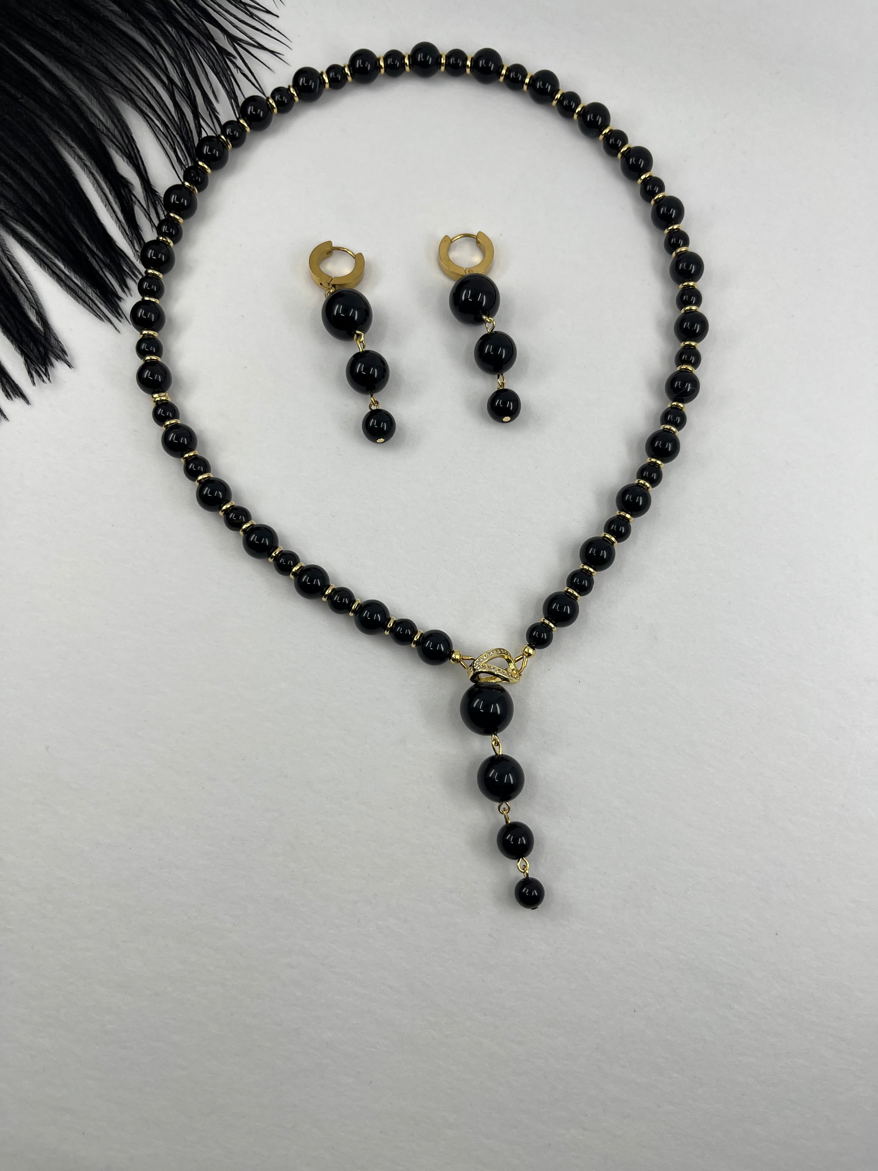 Set: Black Onyx Necklace and Earrings:18K Gold Plated