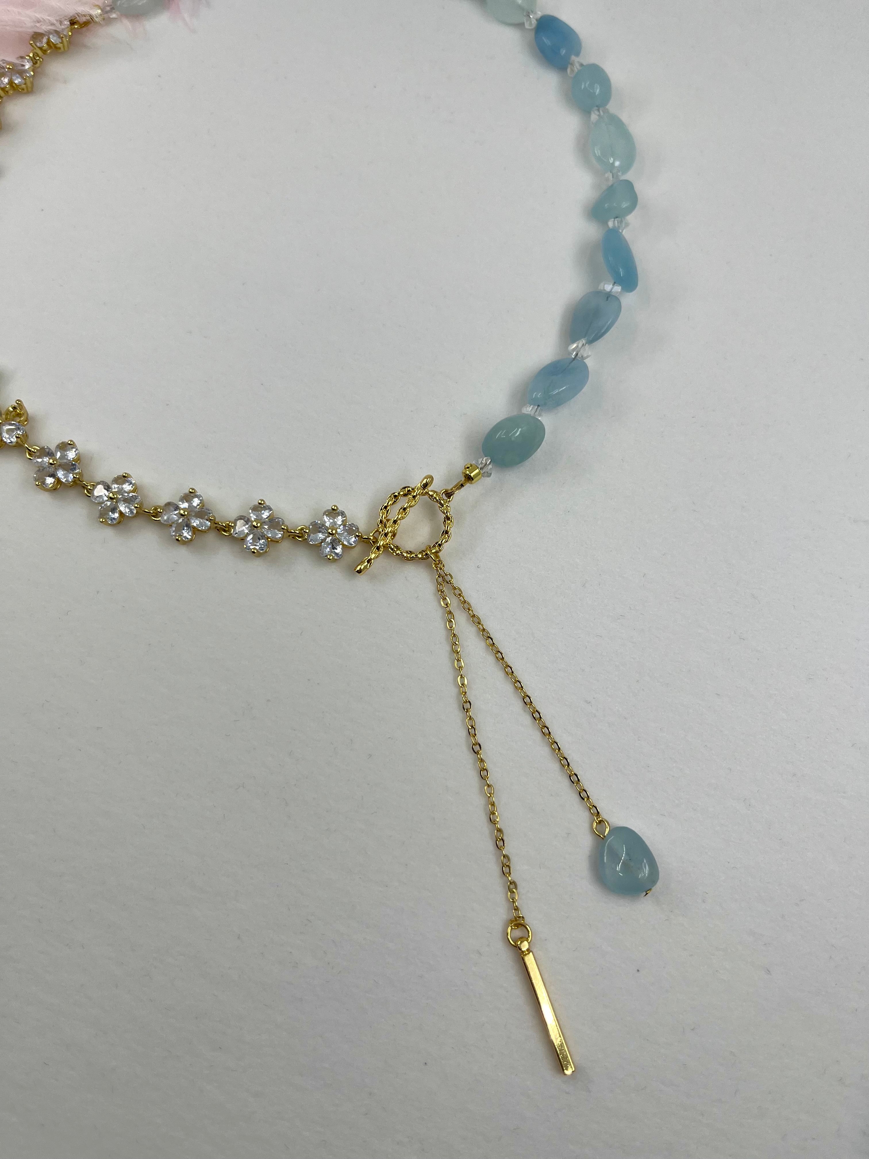 Asymmetrical Aquamarine Y-Necklace, zirconia chain, Bar pendant