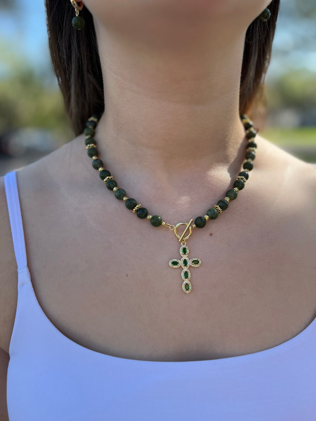 Set: Natural Taiwan Jade Necklace with Zirconia Cross 18K Gold plated