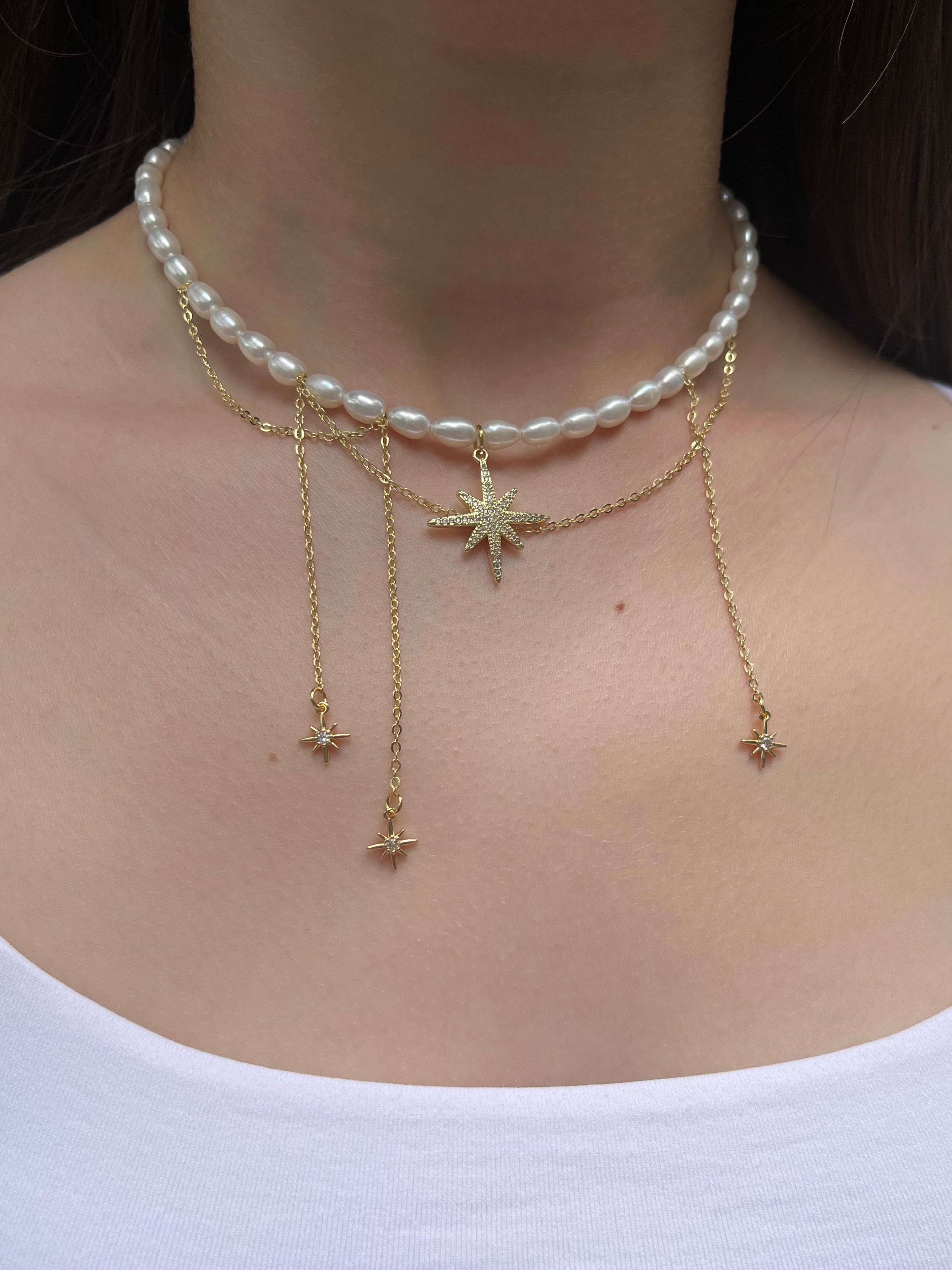 Layered Pearl Star Necklace, 18K Gold Plated