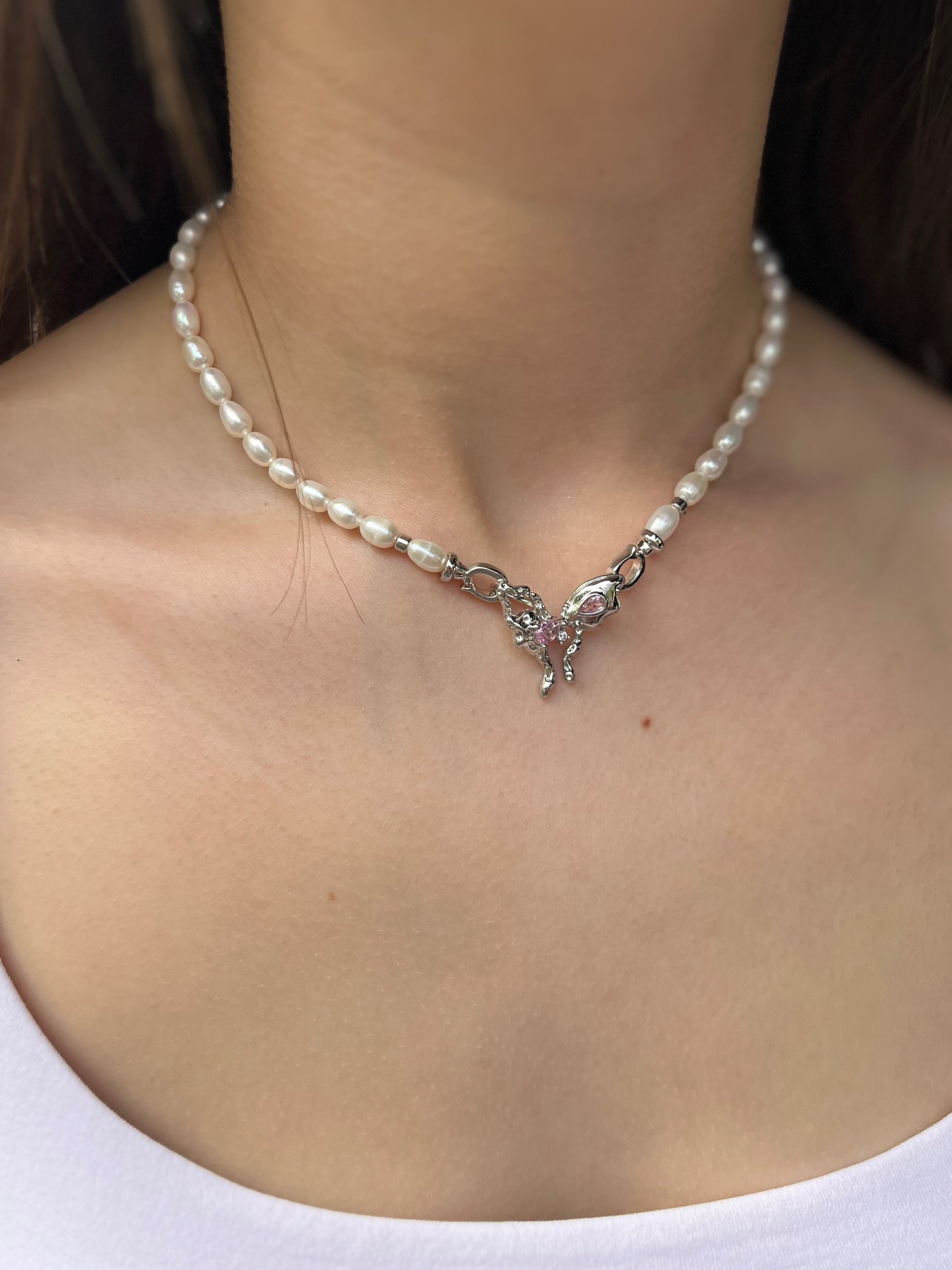 Natural Pearl Necklace with butterfly Clasp