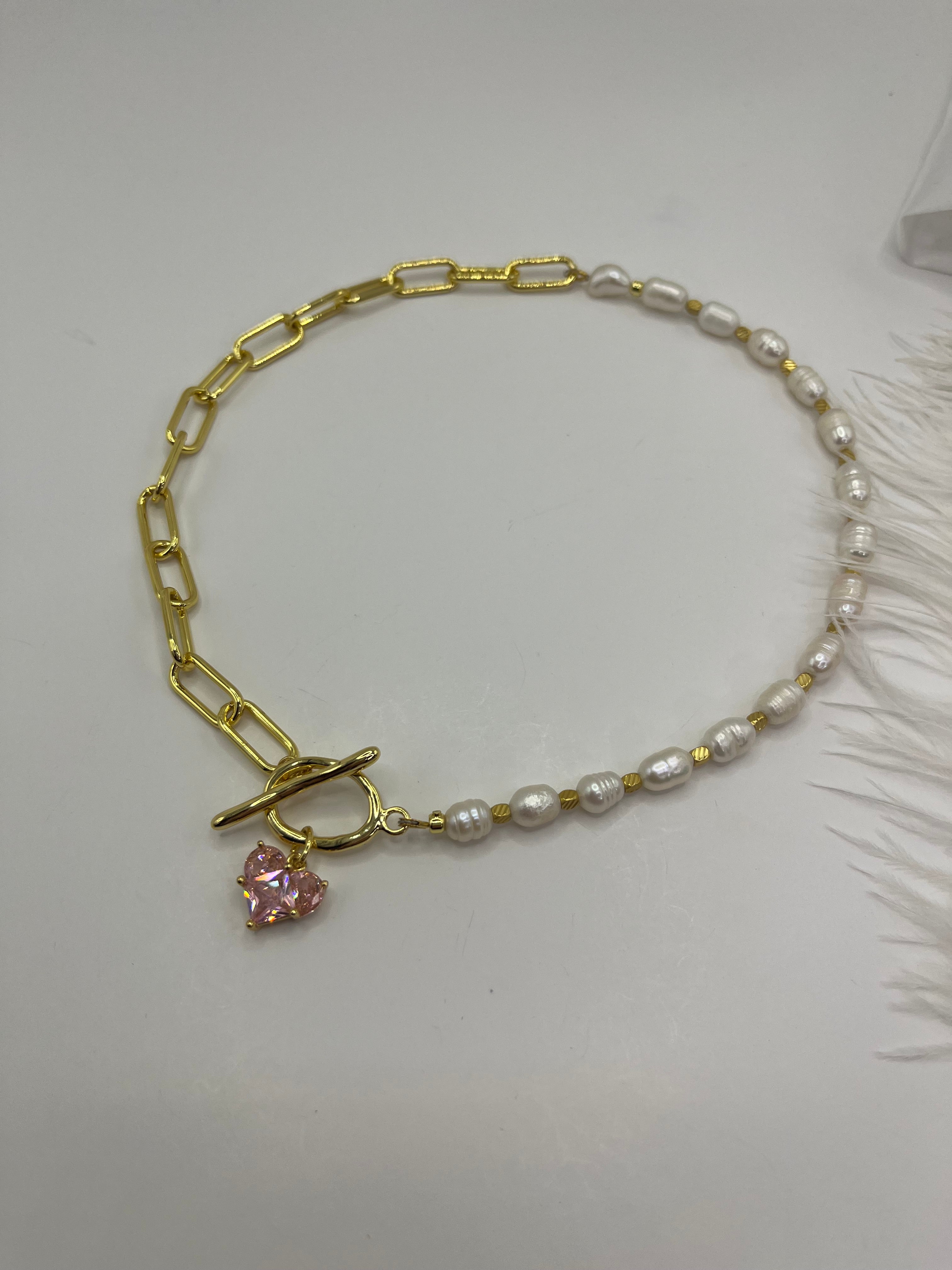 Asymmetrical Pearl Choker Necklace with earrings : 18K Gold Plated