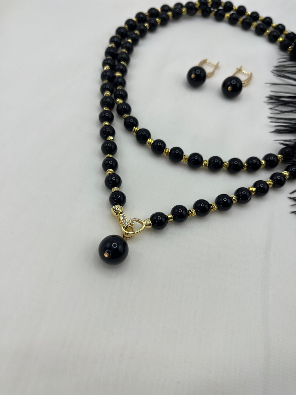 Set: Black Onyx Necklace and Earrings Set: 18K Gold Plated