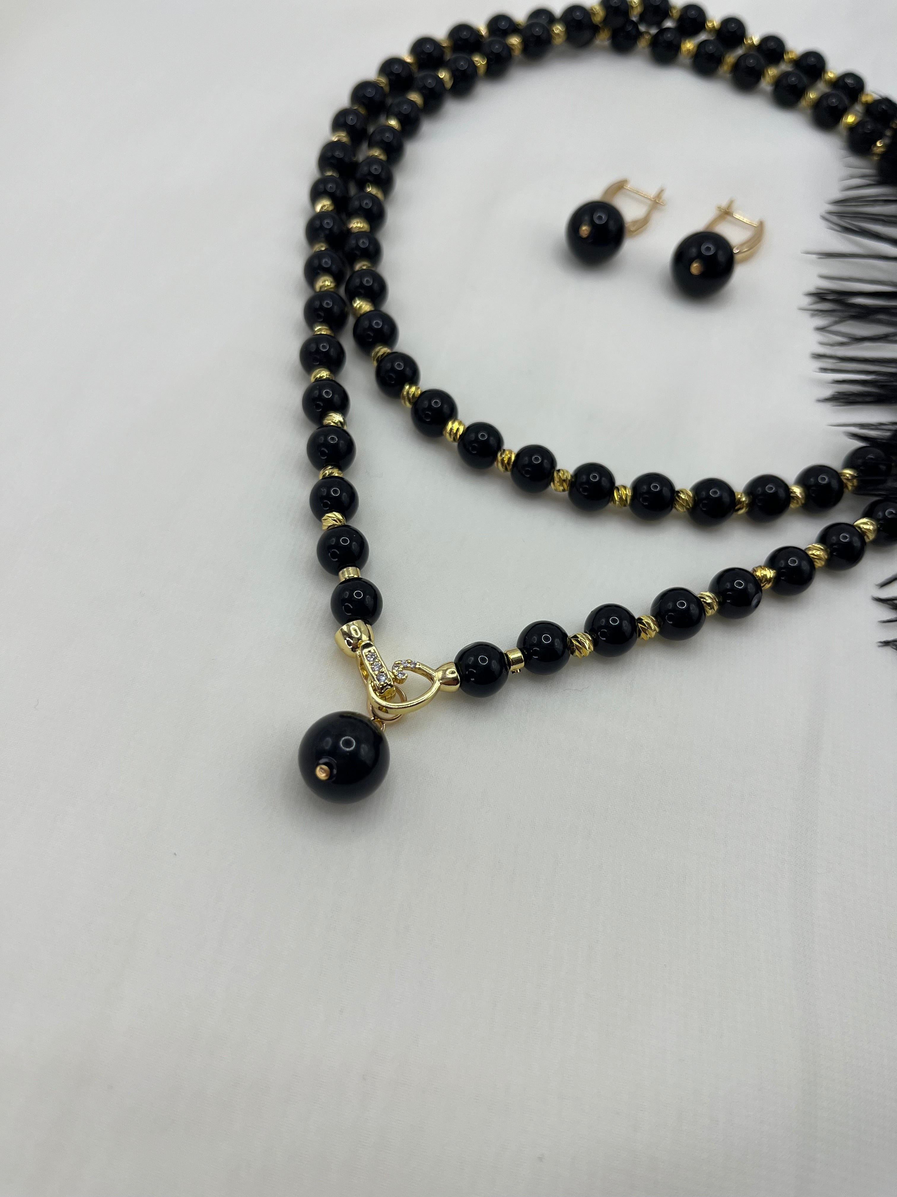 Set: Black Onyx Necklace and Earrings Set: 18K Gold Plated