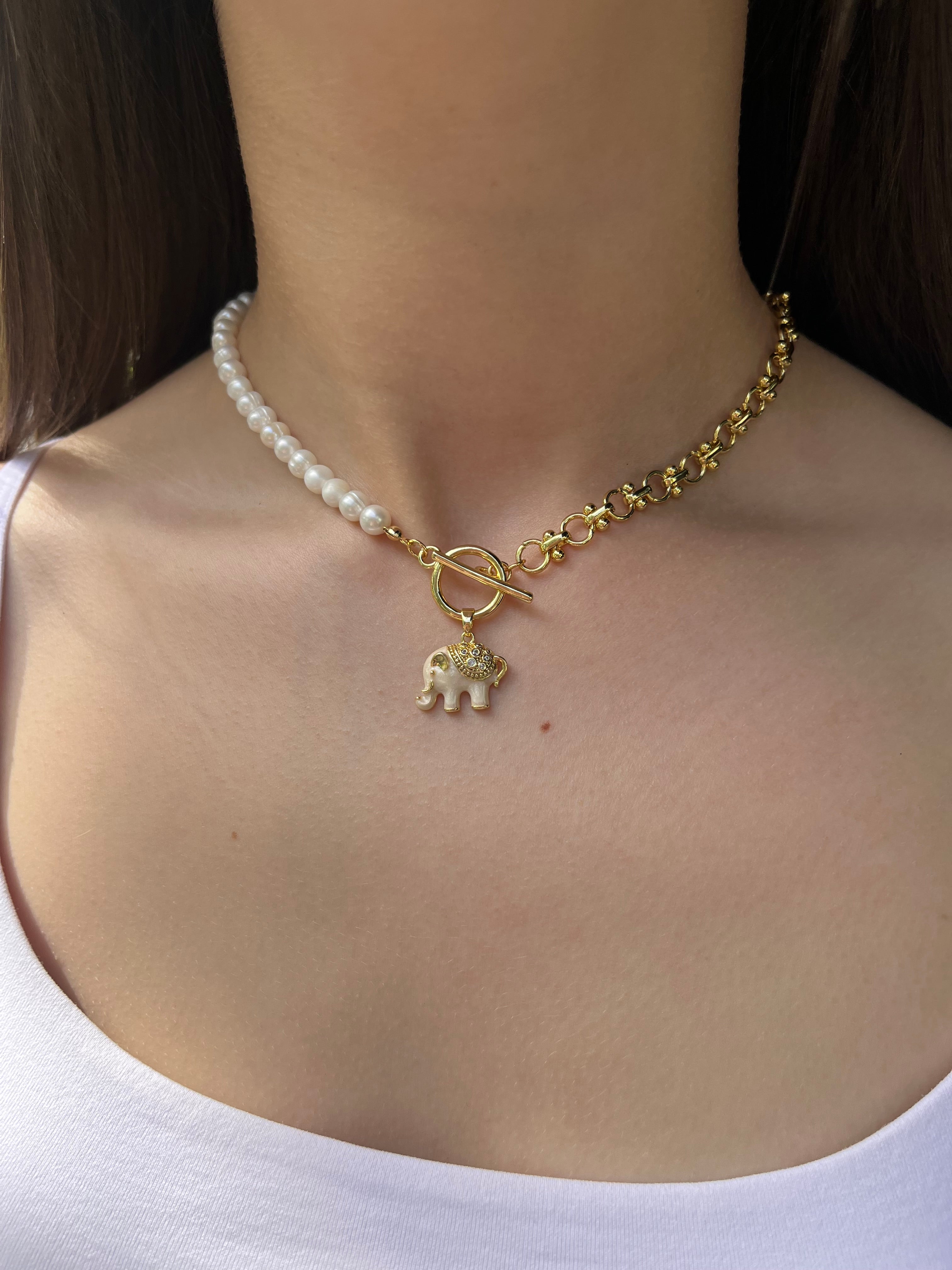 Asymmetrical Pearl Necklace with Elephant Pendant, 18K Gold Plated Chain