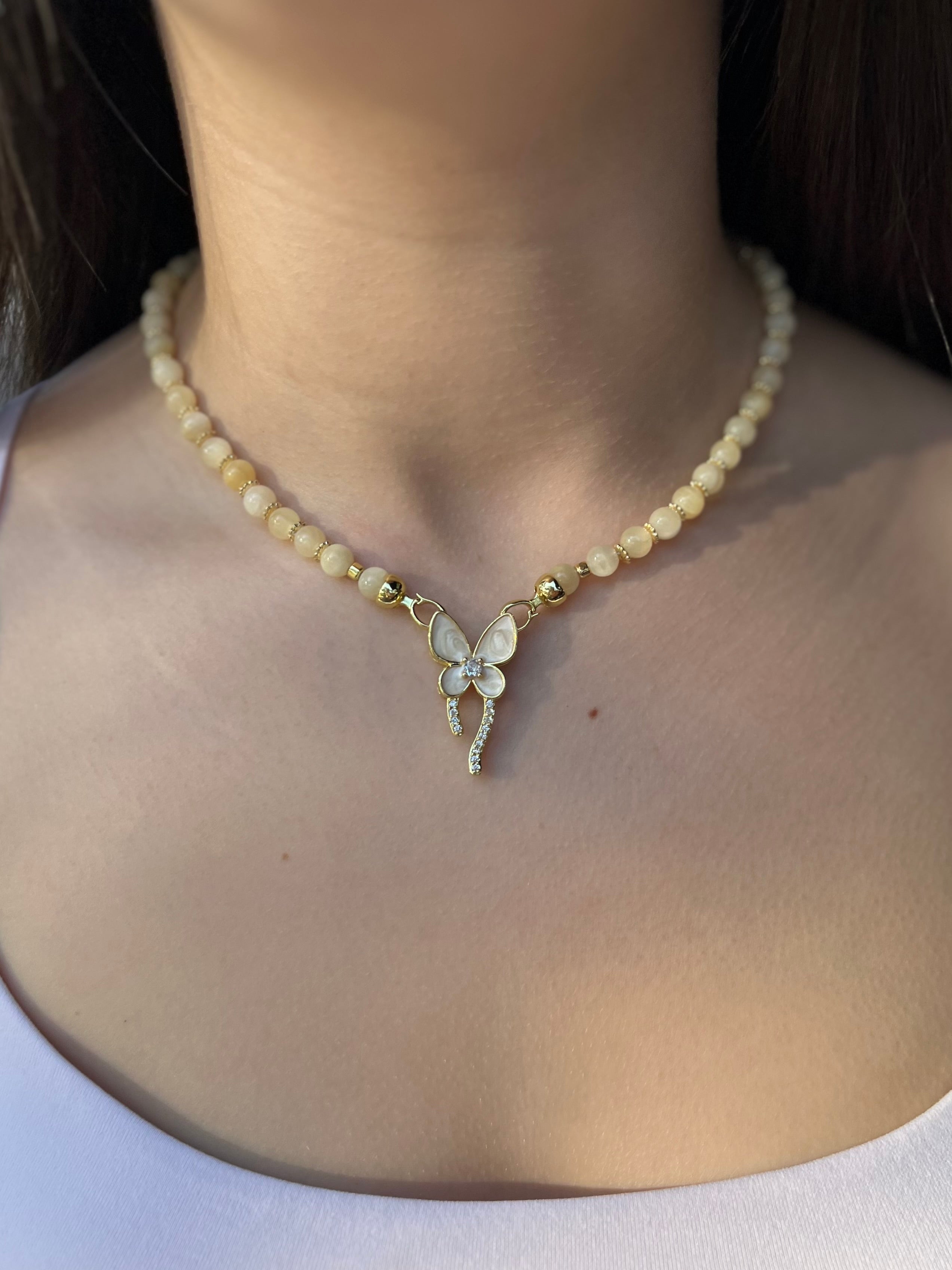 Topaz Jade Choker Necklace : 18K Gold Plated Zirconia Butterfly Clasp
