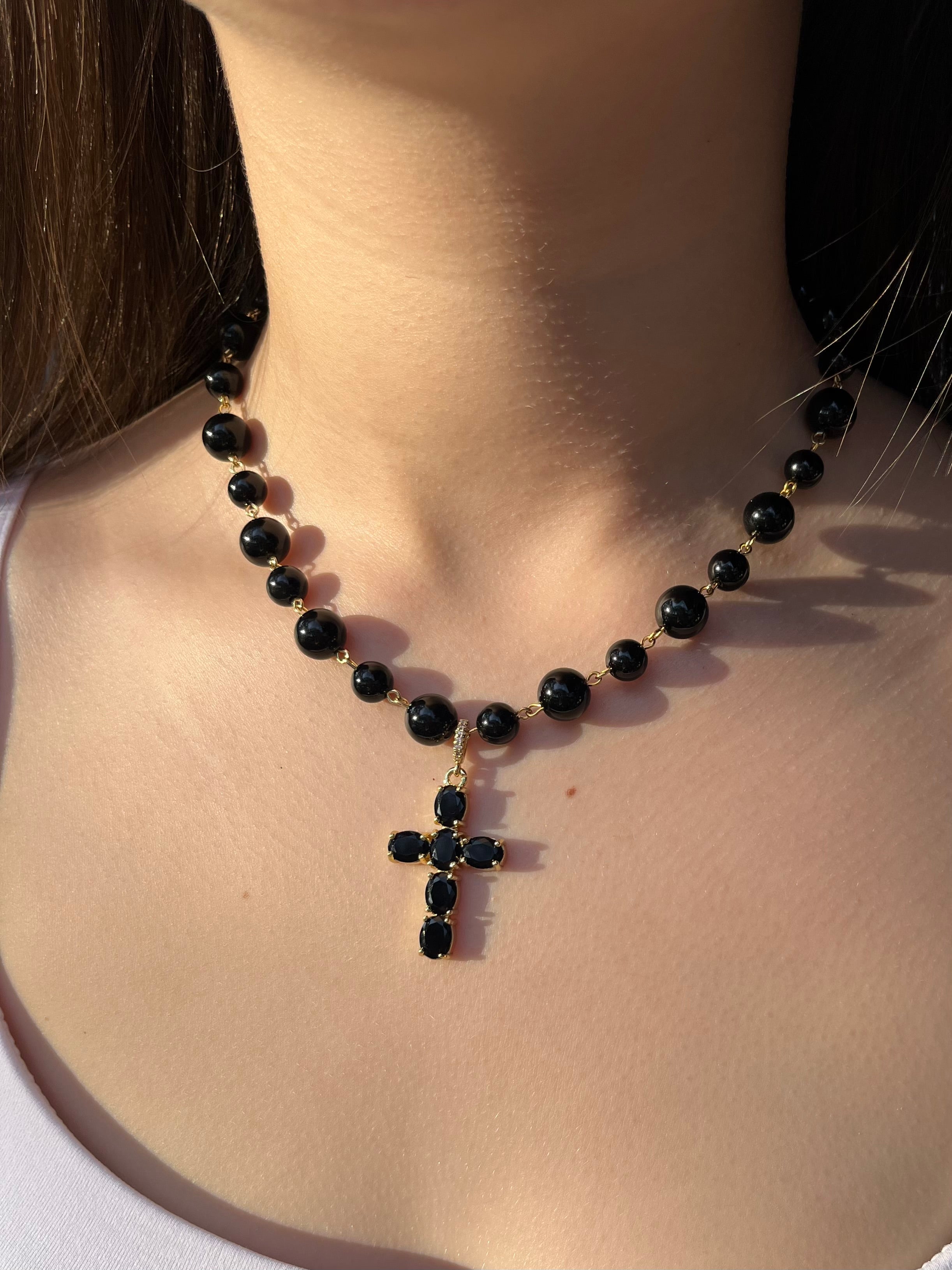 Black Onyx Necklace– 18K Gold Plated Zirconia Cross