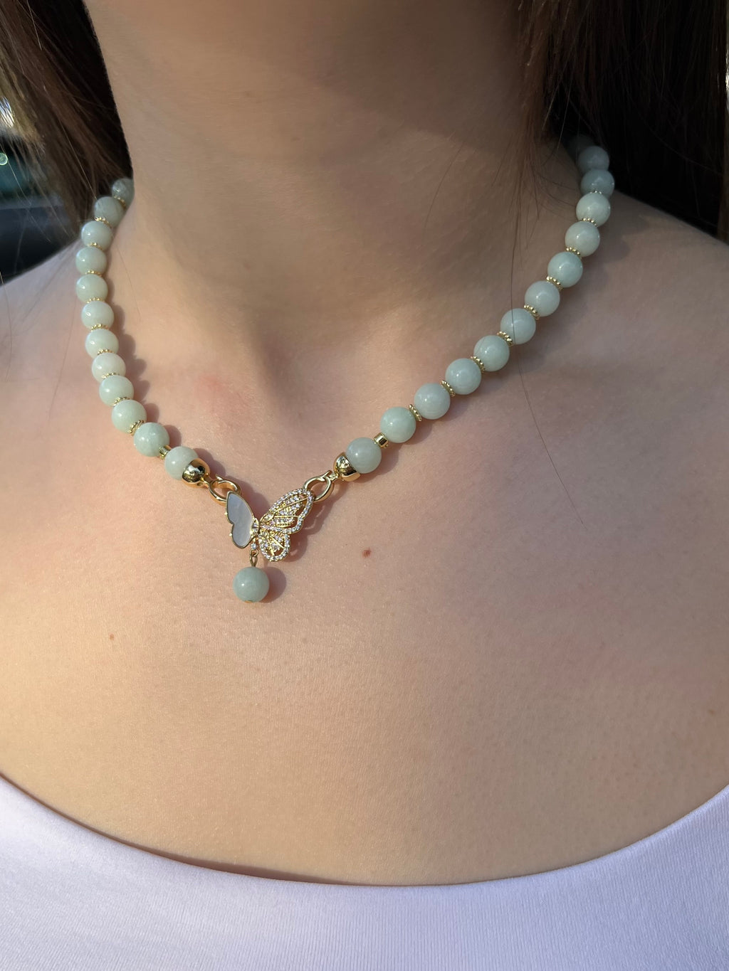 Natural Malaysia Jade Necklace with 18K Gold Butterfly Clasp