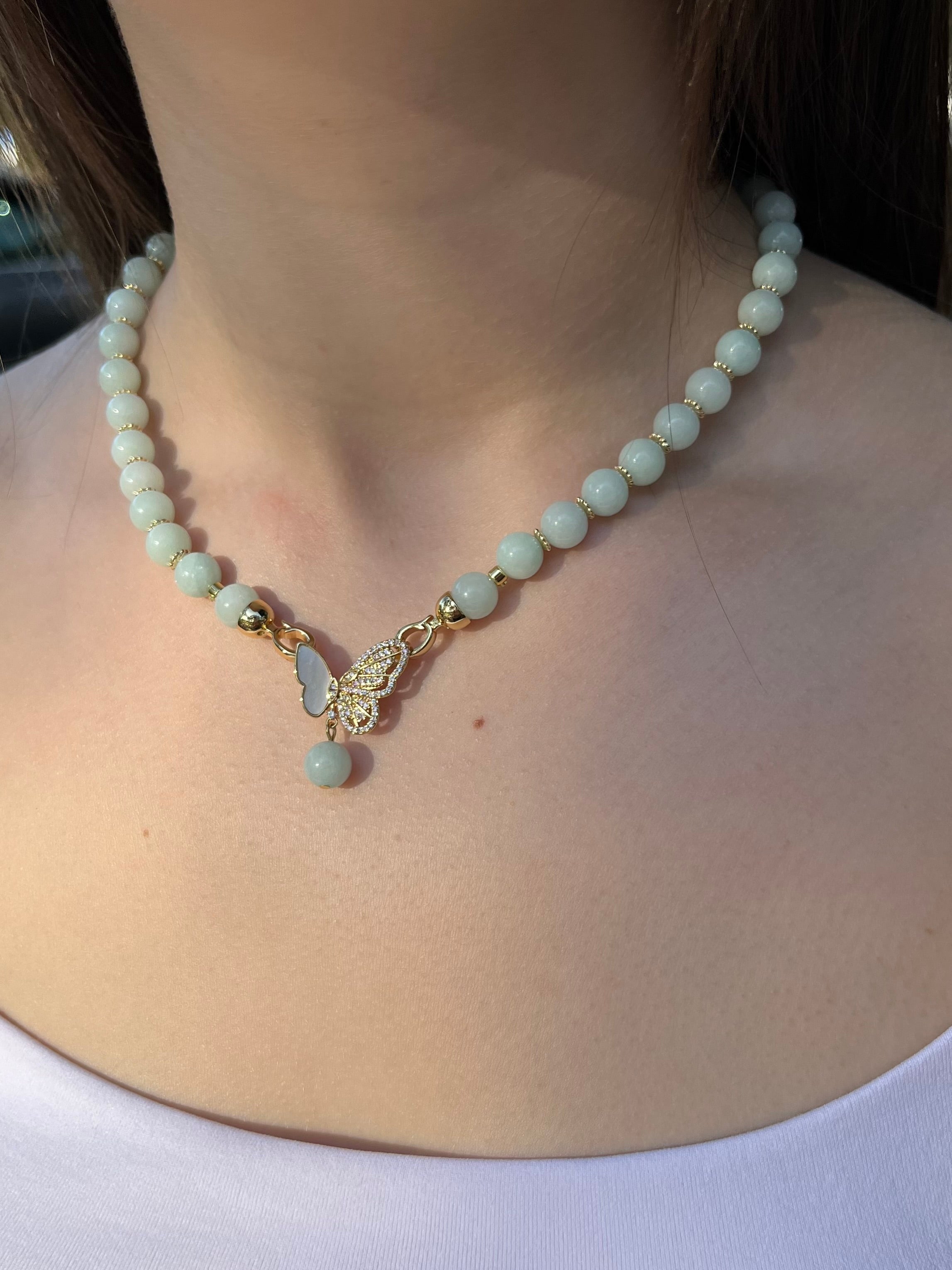 Natural Malaysia Jade Necklace with 18K Gold Butterfly Clasp