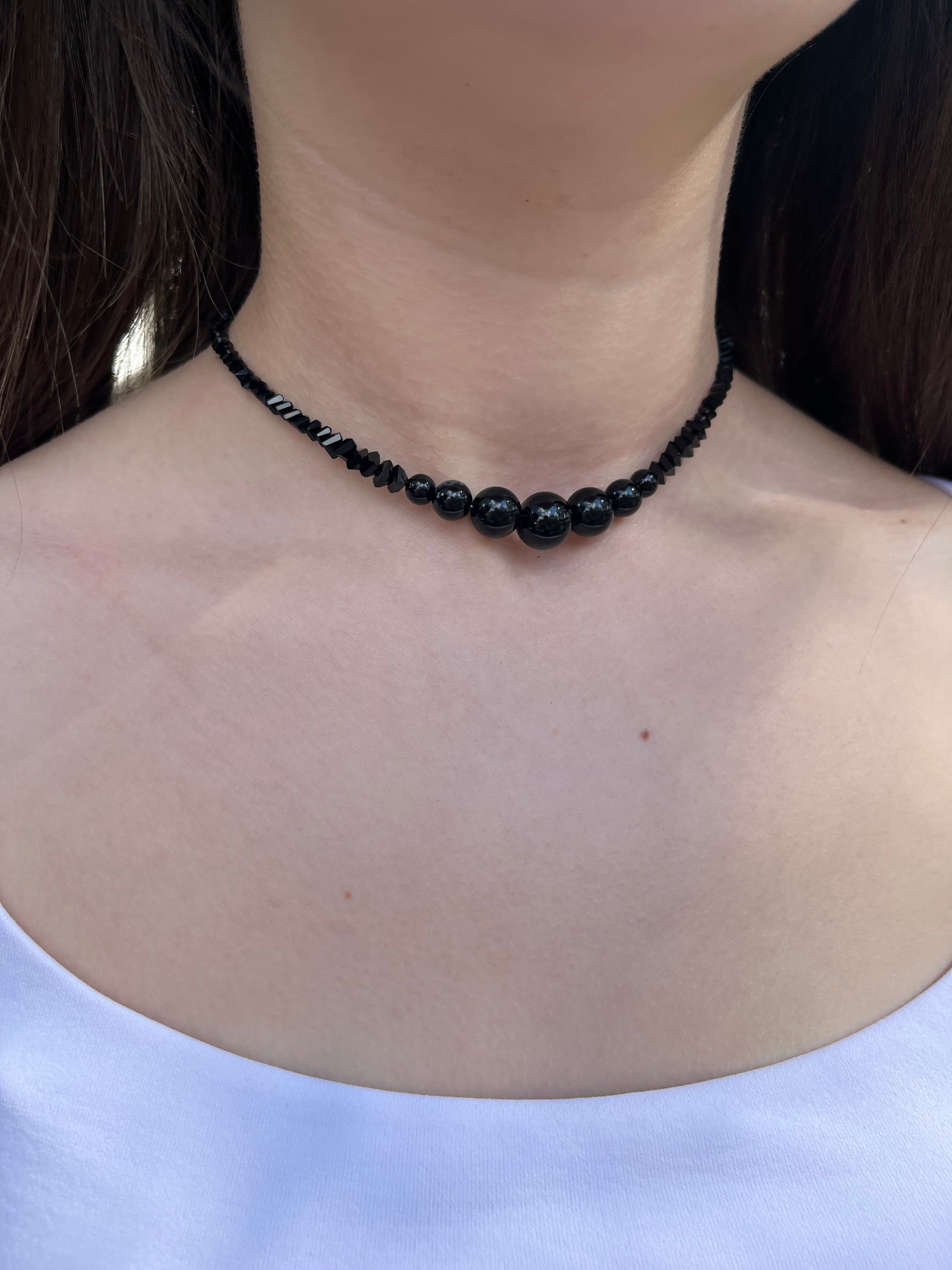 Set: Black Crystal Choker Necklace with onyx and Earrings