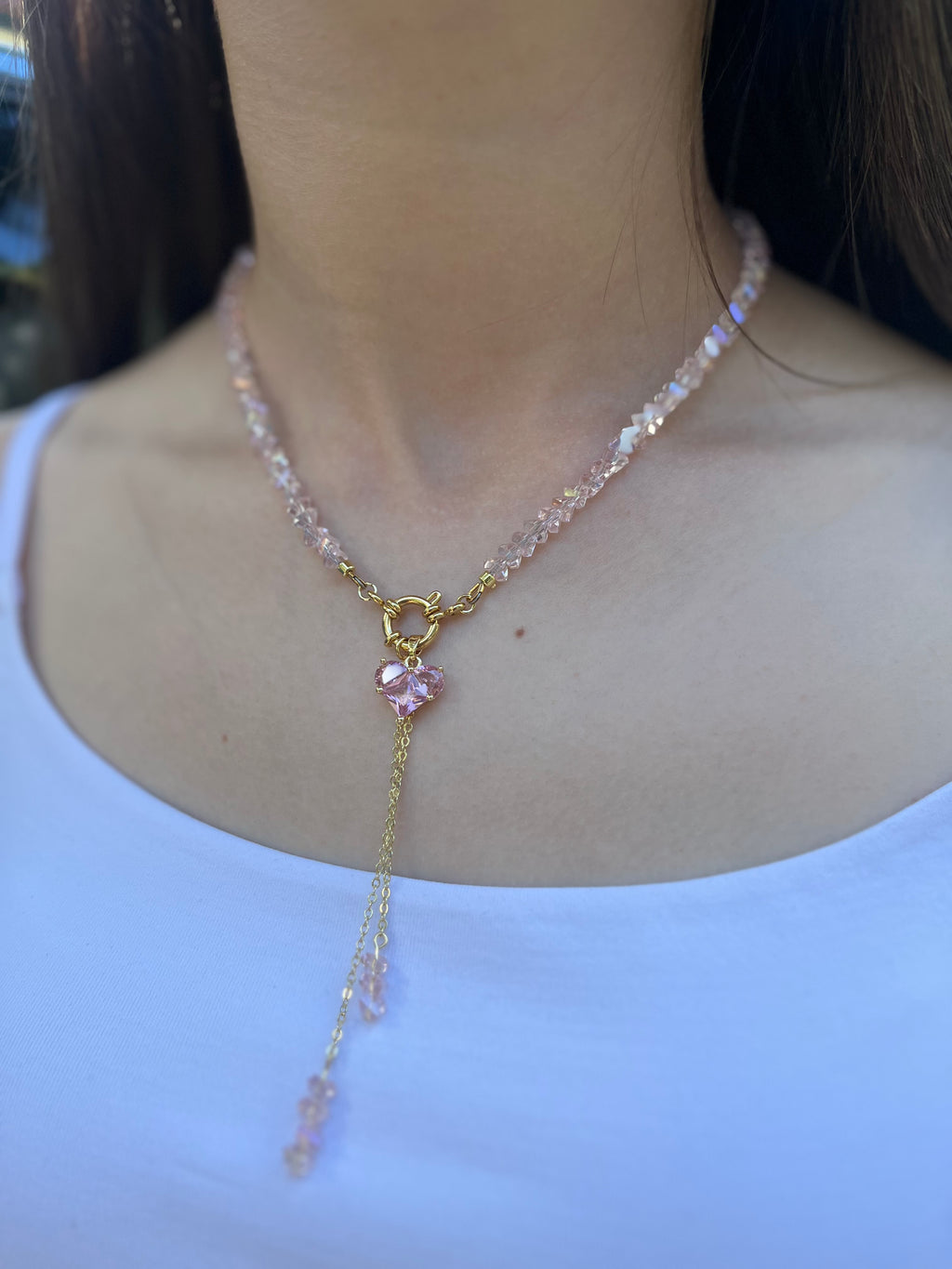Set: Heart Pink Crystal Y-Necklace and Earrings – 18K Gold Plated, Cubic Zirconia