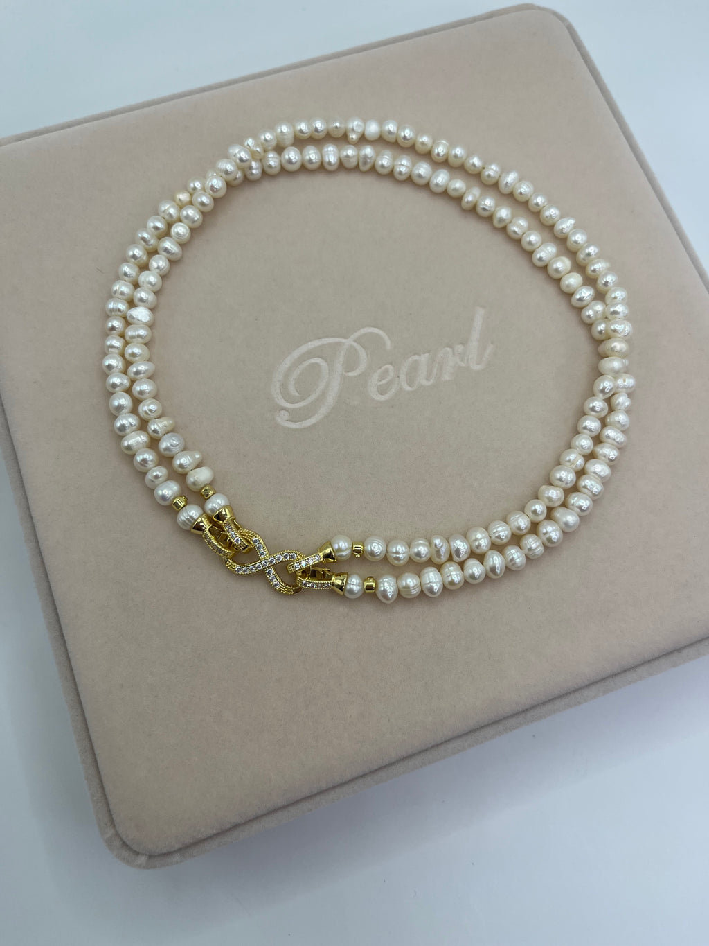 Pearl Choker Necklace : 18K Gold Plated Zirconia Clasp