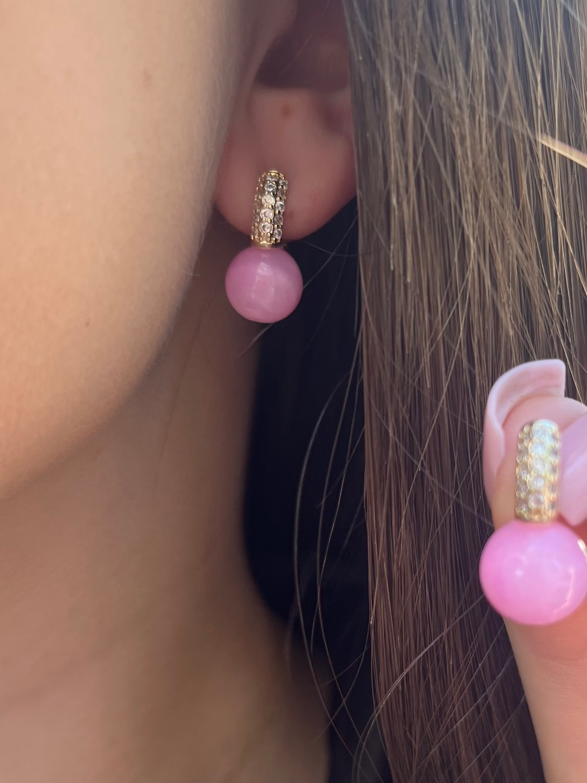 Natural pink Jade Gold Zirconia Earrings