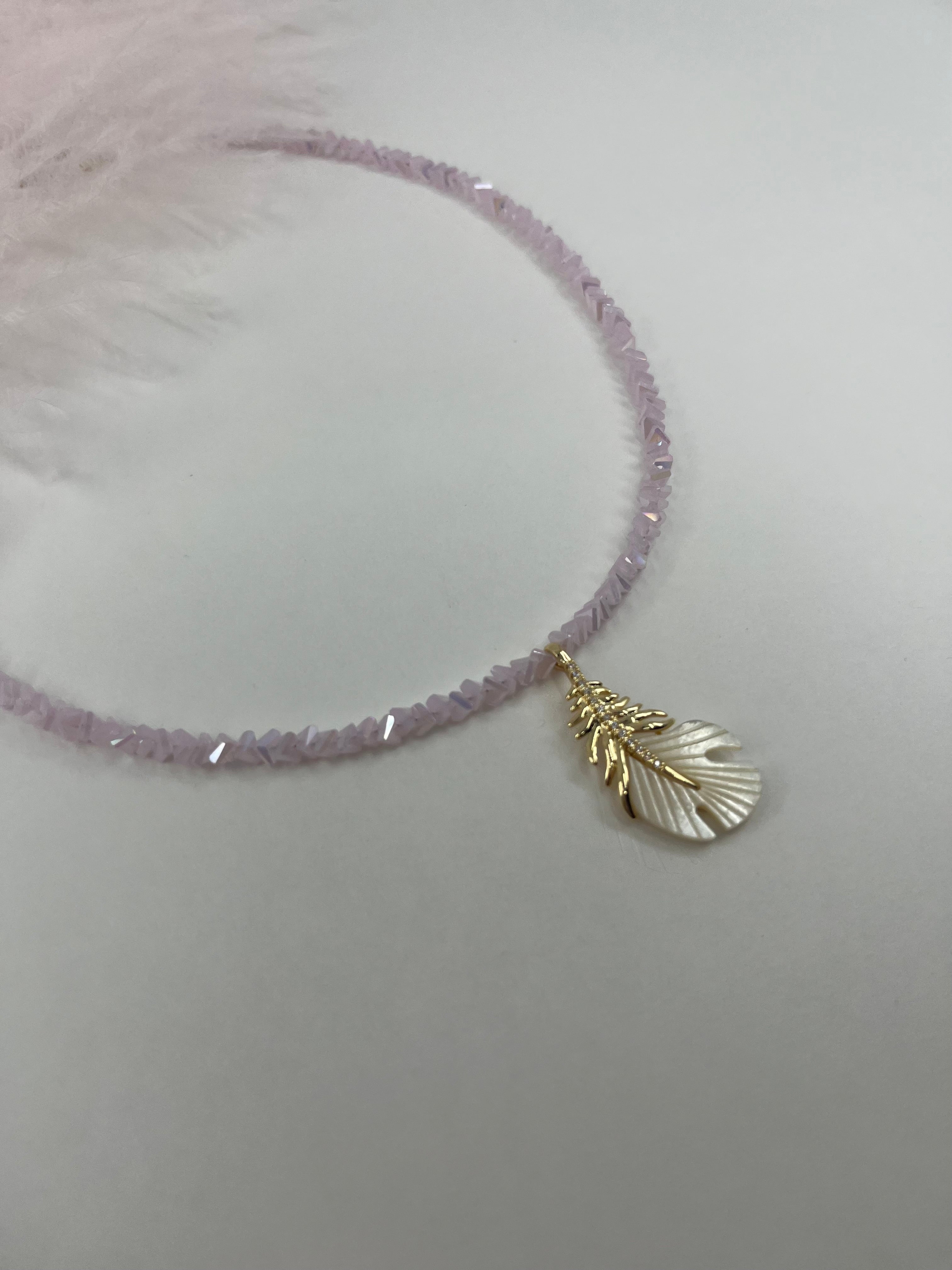 Pink crystal necklace with 14K gold Feather pendant
