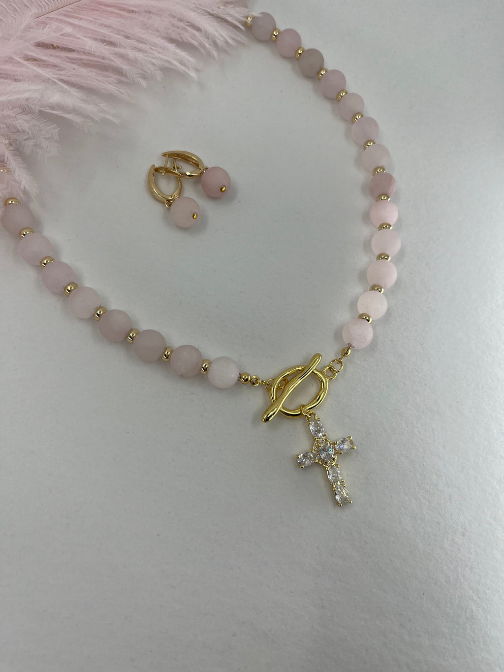 Set: Rose Quartz Cross Necklace and Earrings, 18k gold plated