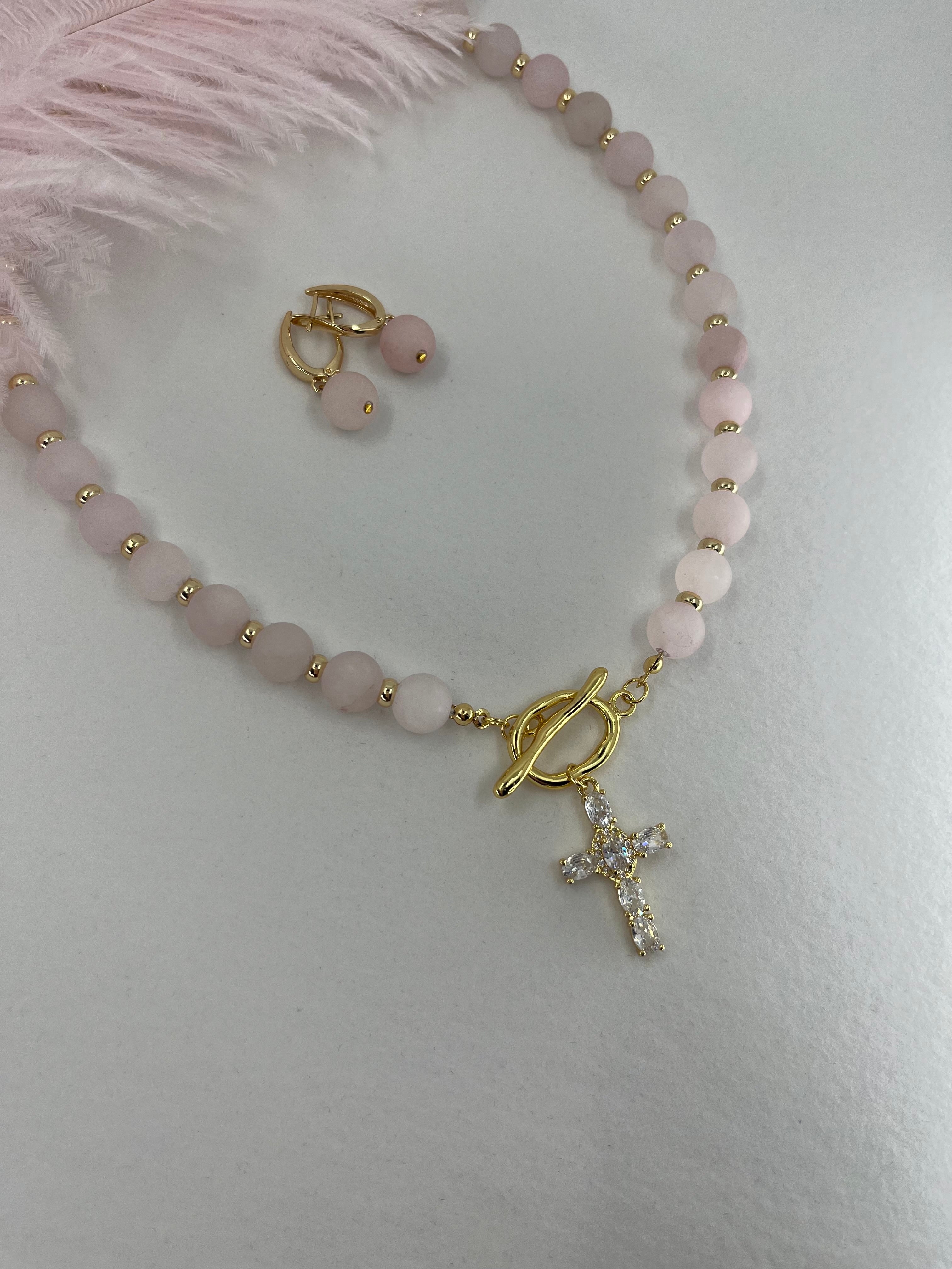 Set: Rose Quartz Cross Necklace and Earrings, 18k gold plated