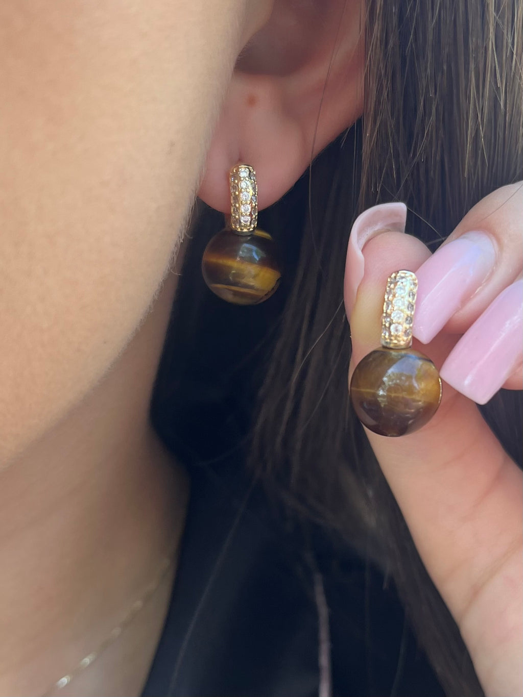 Natural Tiger eye Gold Zirconia Earrings