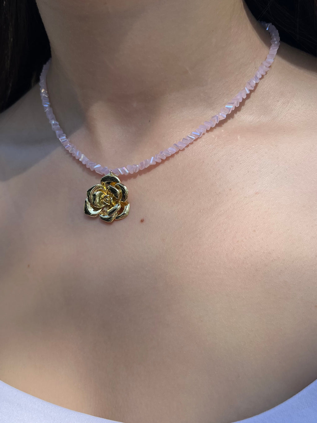 Crystal Pink Glass Bead Choker: 18K Gold Rose Pendant