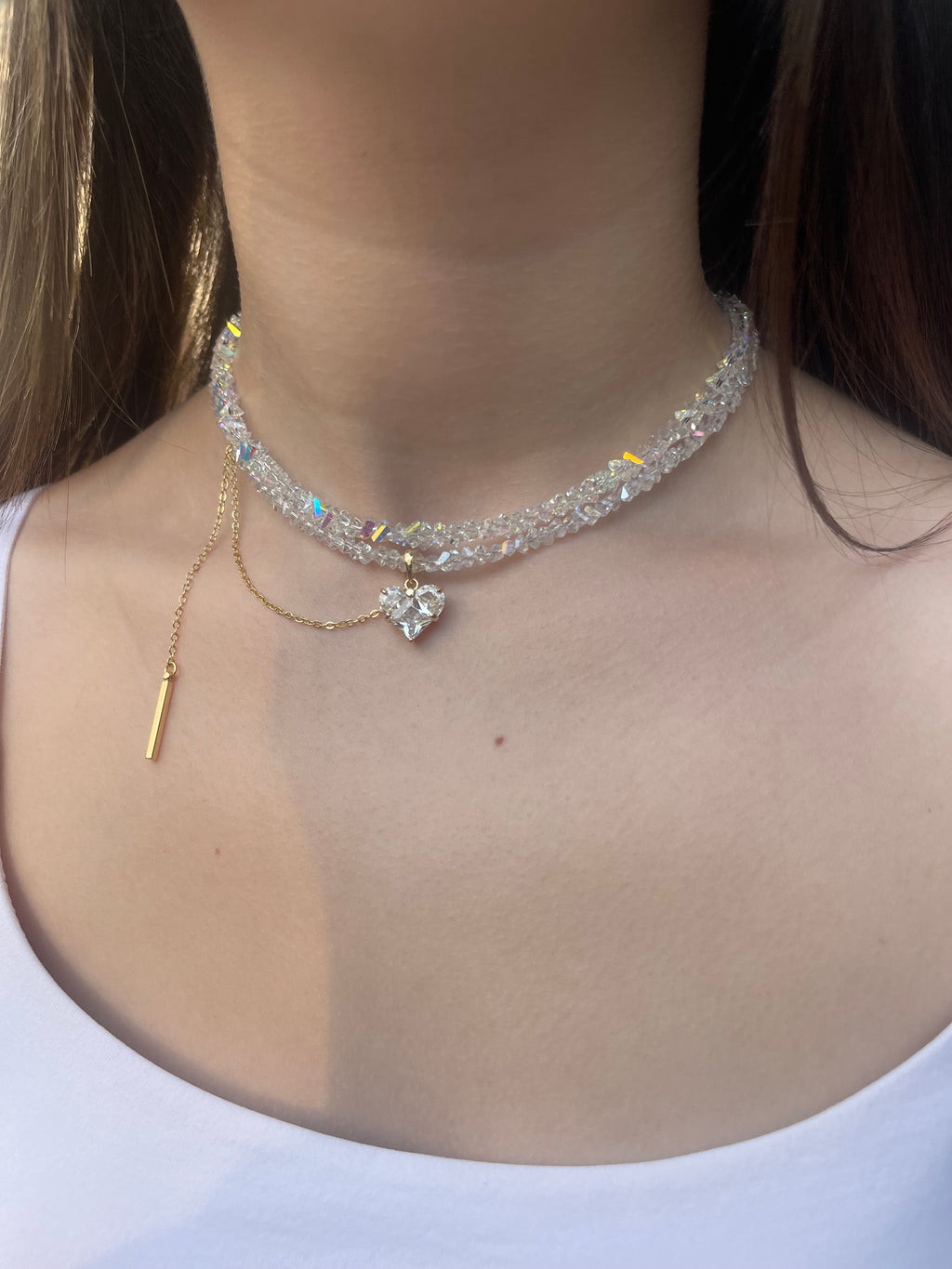 Set: Heart Crystal Choker Necklace and Earrings – 18K Gold Plated, Cubic Zirconia, Nickel Free